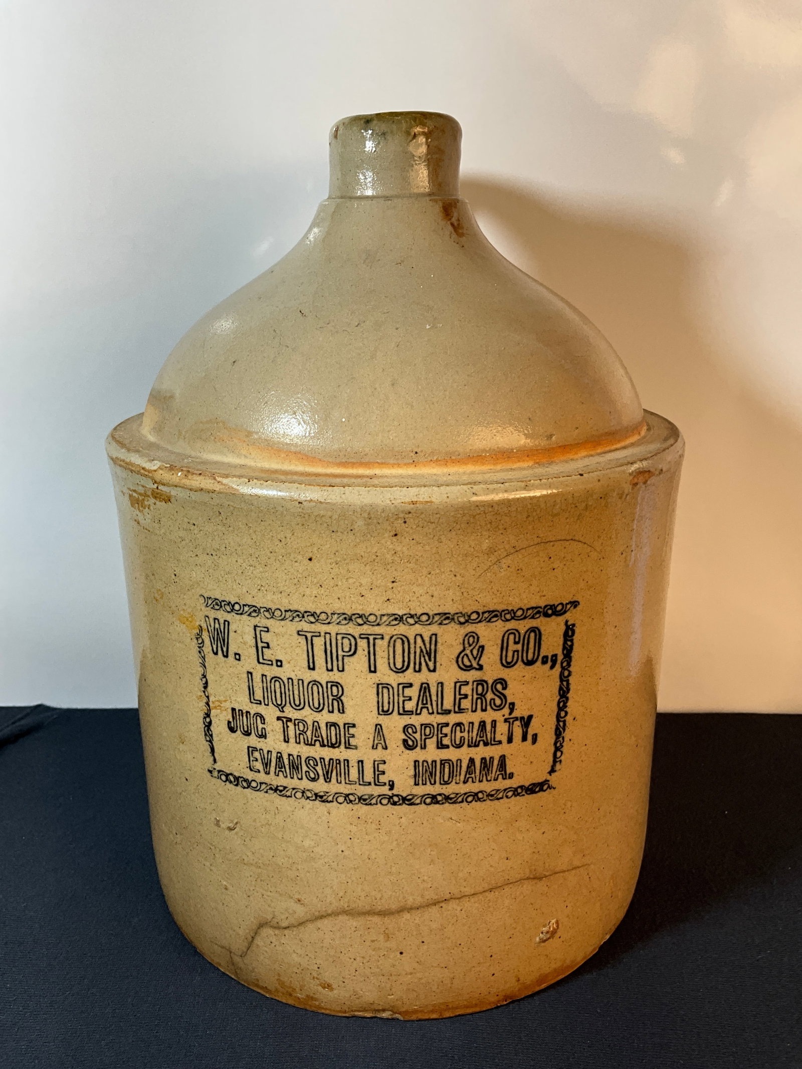 W.E. Tipton & Co., Liquor Dealers, Jug Trade A Specialty, Evansville Indiana Blue Stencil Large Jug (1 of 11)