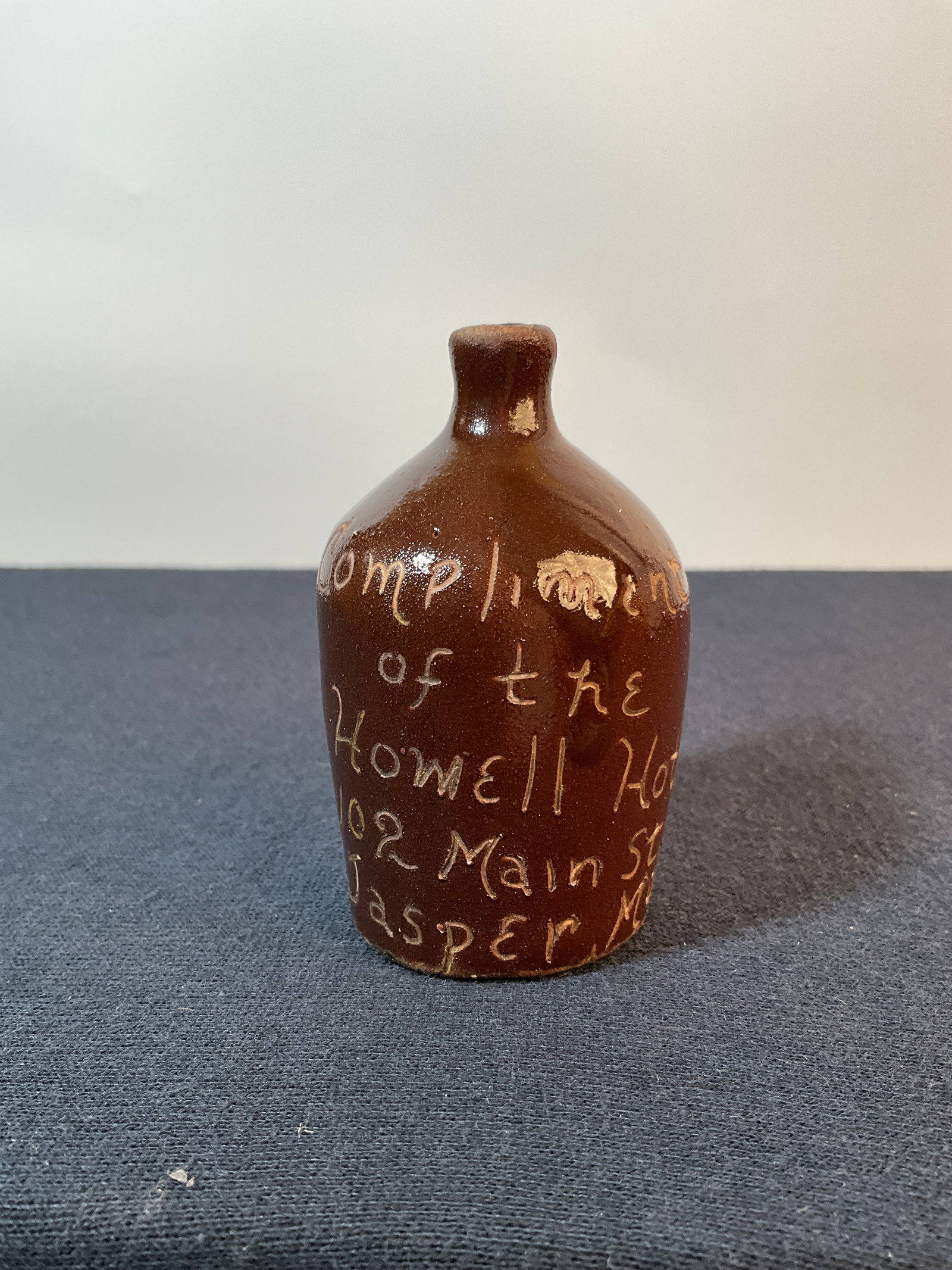Stoneware Mini Scratch Jug, Compliments of Howell Hotel, 102 Main St. Jasper Mo. Missouri: Here is a really RARE, Stoneware Mini Scratch Jug, Compliments of Howell Hotel, 102 Main St. Jasper Mo. Missouri. These mini Scratch jugs weren't made by the thousands. Here is a chance to own a RARE