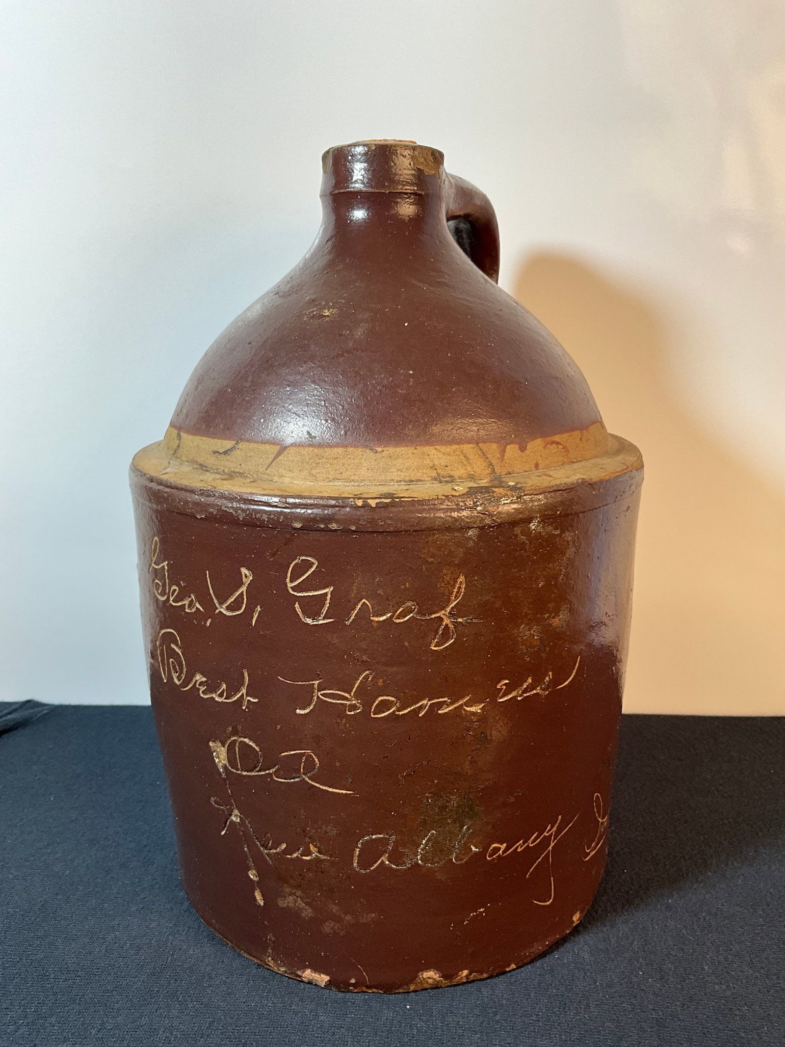 Large Scratch Jug from New Albany Indiana, Geo. S Graf "Best Harness Oil" New Albany Indiana (1 of 9)
