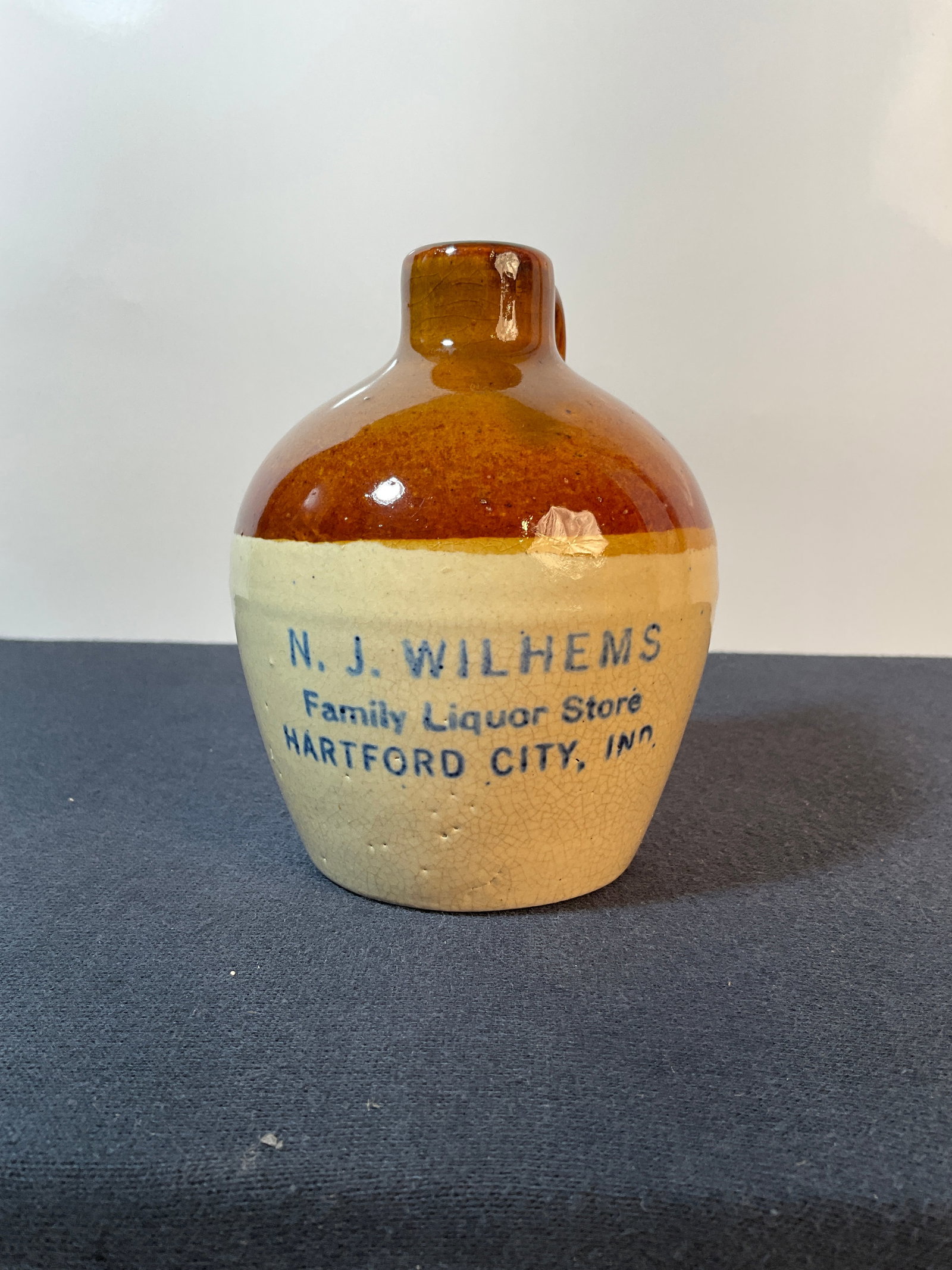 Indiana Miniature Cobalt Stenciled Stoneware "N.J. Wilhems, Family Liquor Store, Hartford City, Ind" (1 of 7)
