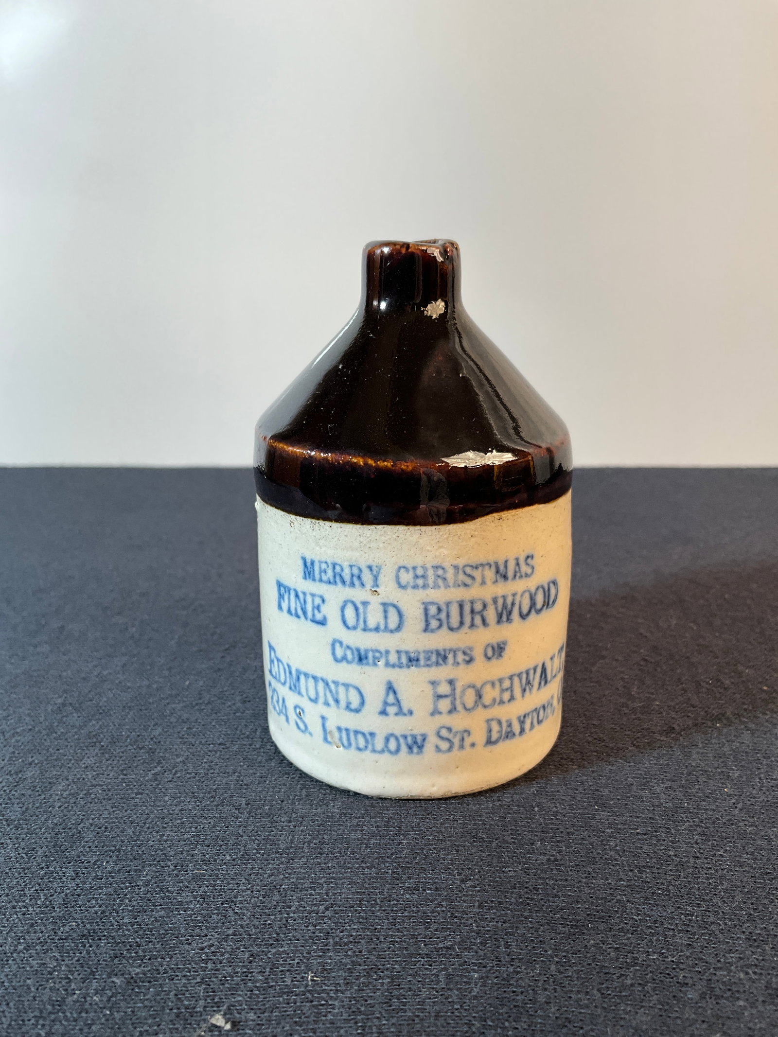 Ohio Mini Stoneware "Merry Christmas, Fine Old Burwood, Compliments of Edmund A Hochwalt Dayton Ohio (1 of 6)