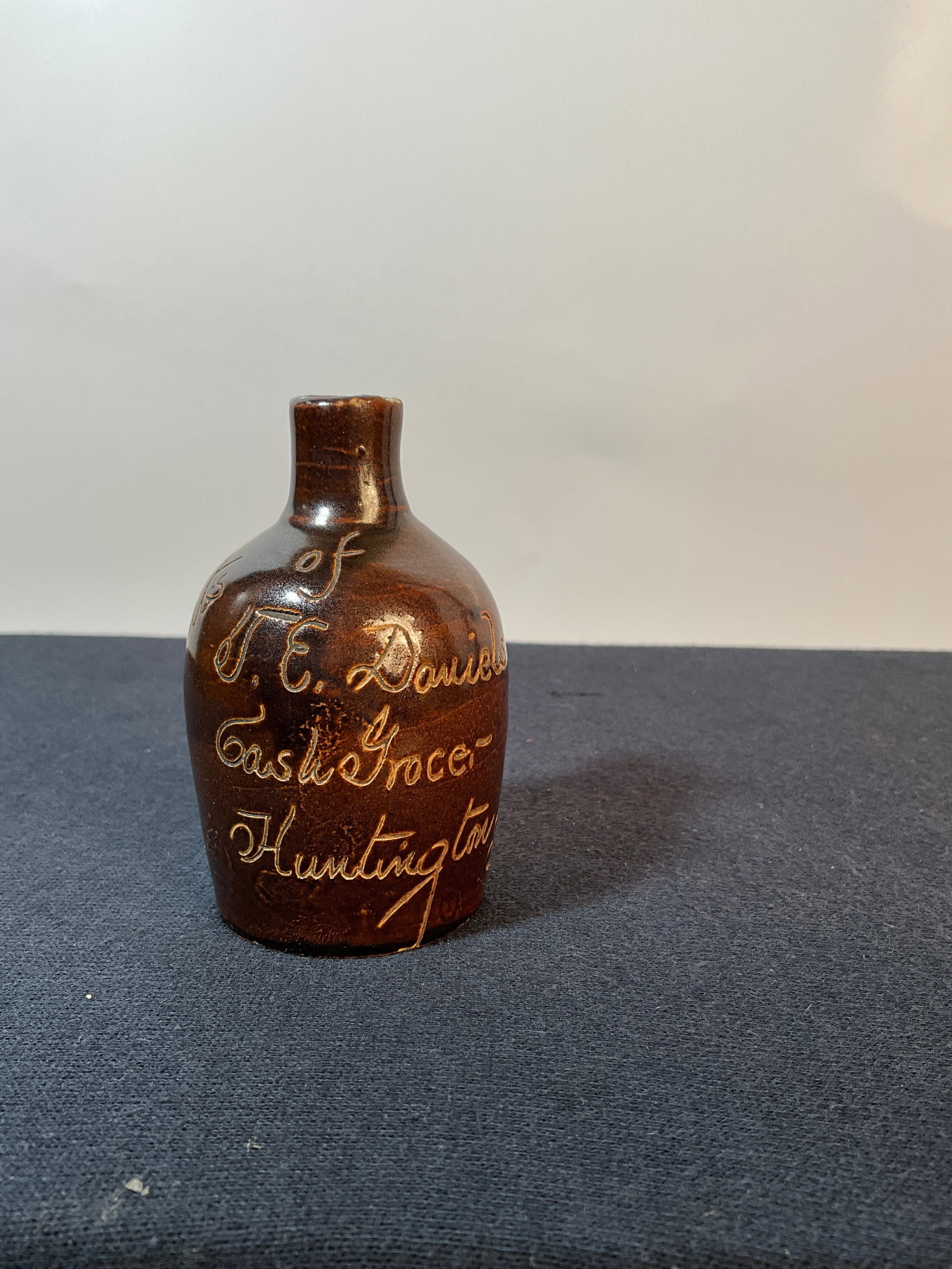 Indiana Miniature Scratch Jug Stoneware "Compliments of F.E. Daniels, Cash Grocery, Huntington, Ind" (1 of 8)