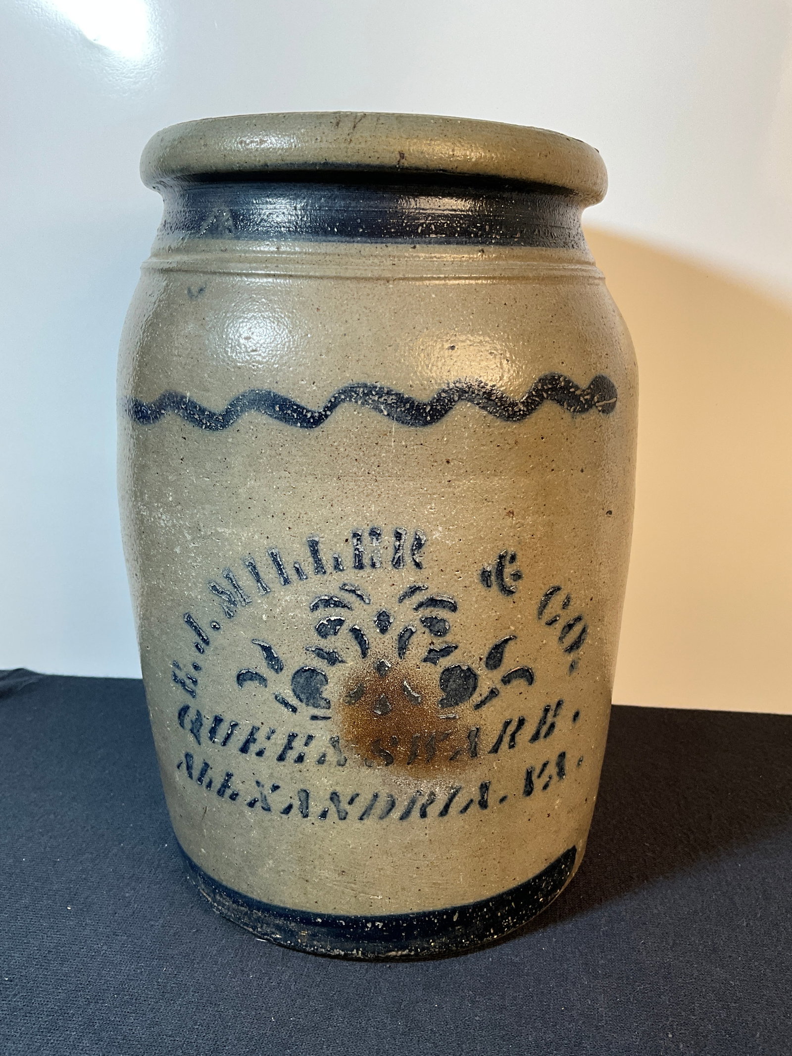 Salt Glaze Stoneware w/ Cobalt Stenciling Crock, R.J. Miller & Co., Queensware. Alexandria, VA. (1 of 9)
