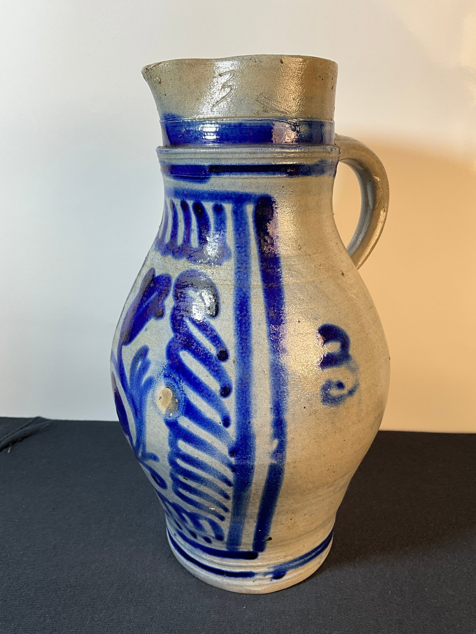German Westerwald Salt Glazed Stoneware Pitcher, Highly Decorated with Cobalt Flower and Lines (1 of 8)