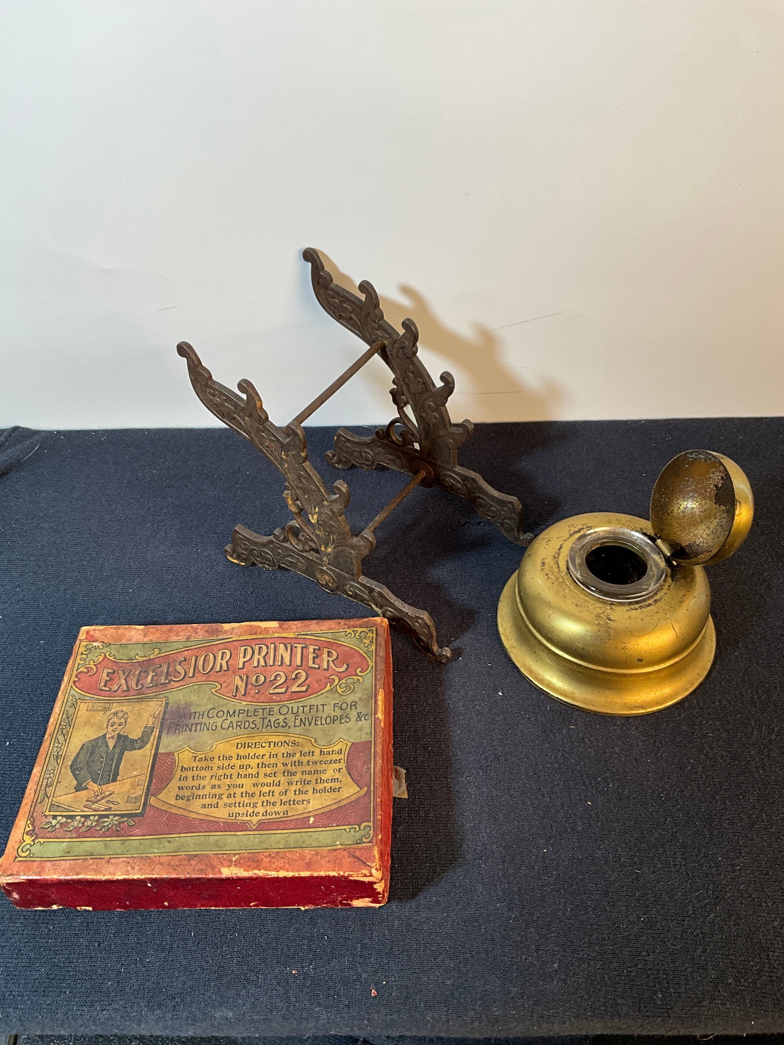 Group of Three Ink Related Items - Ink Stand, Cast Iron, Excelsior Printer Set, Brass Ink Well (1 of 6)
