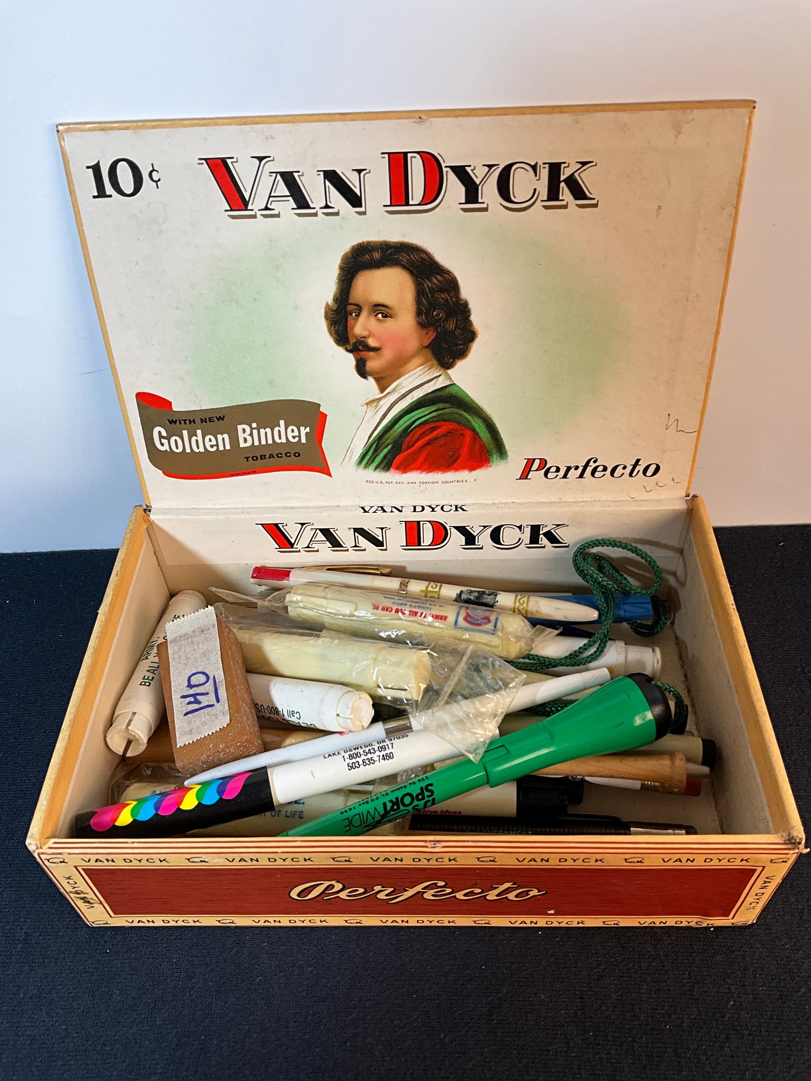 Lot of Pens and Chalk Holders mostly from the 1980s(Advertising), . + Van Duck Cigar Box (1 of 7)