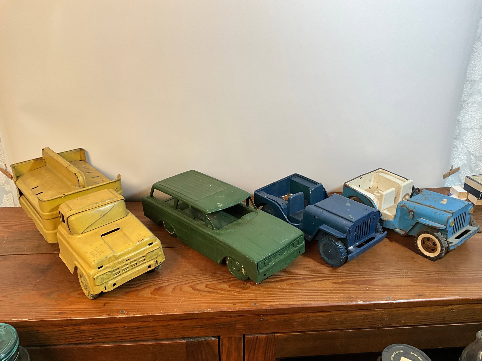 Lot of Three Metal Toy Trucks and One Metal Wagon (1 of 10)