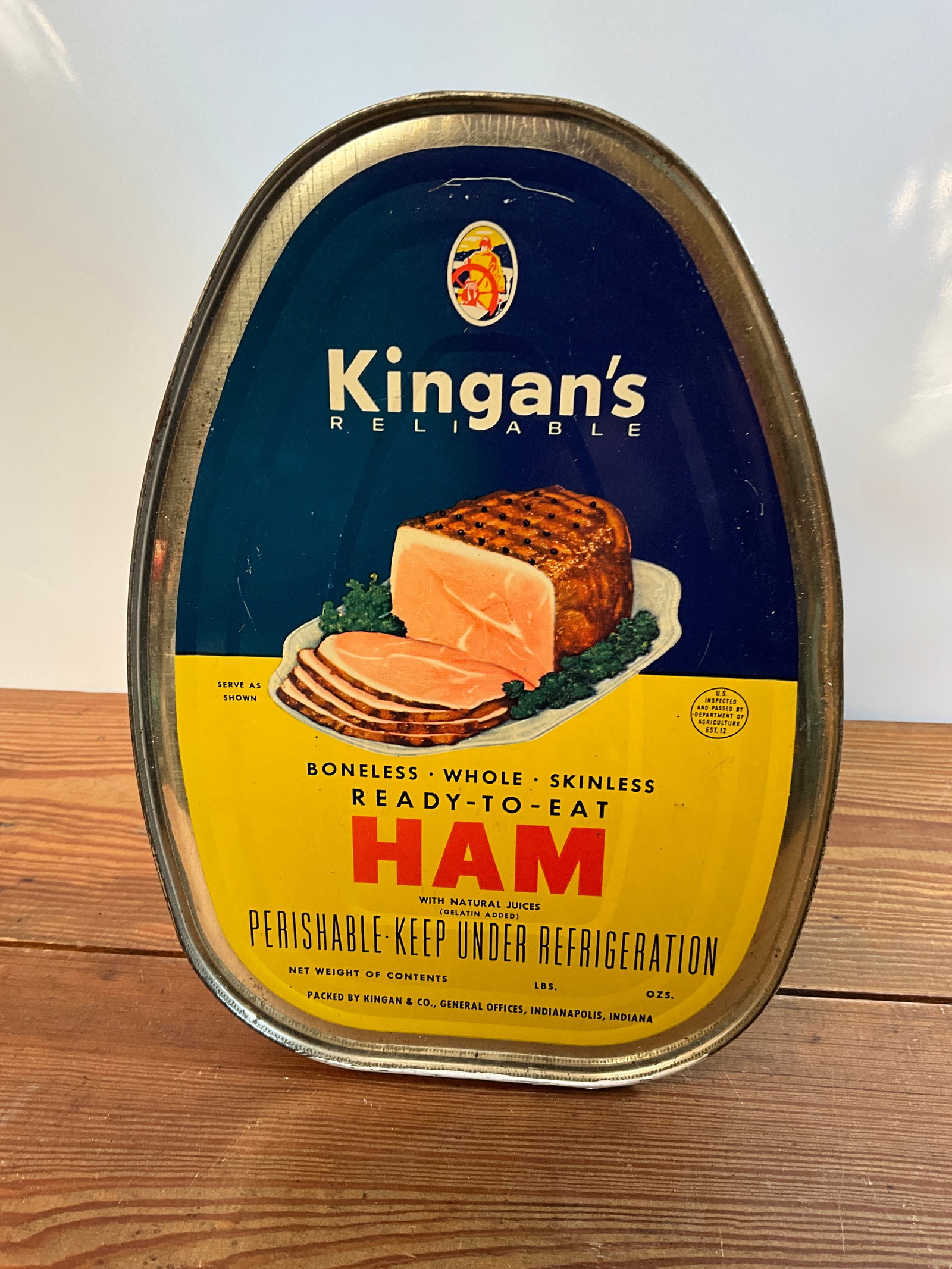 Large Kingan’s Reliable Canned Ham Tin, Indianapolis, Indiana, Rare: Kingan’s Reliable Ham tin. Large tin with clear labeling, nice bright colors. A couple of dents on the bottom of the tin, but in good condition for the age. Difficult to find. Please see photographs