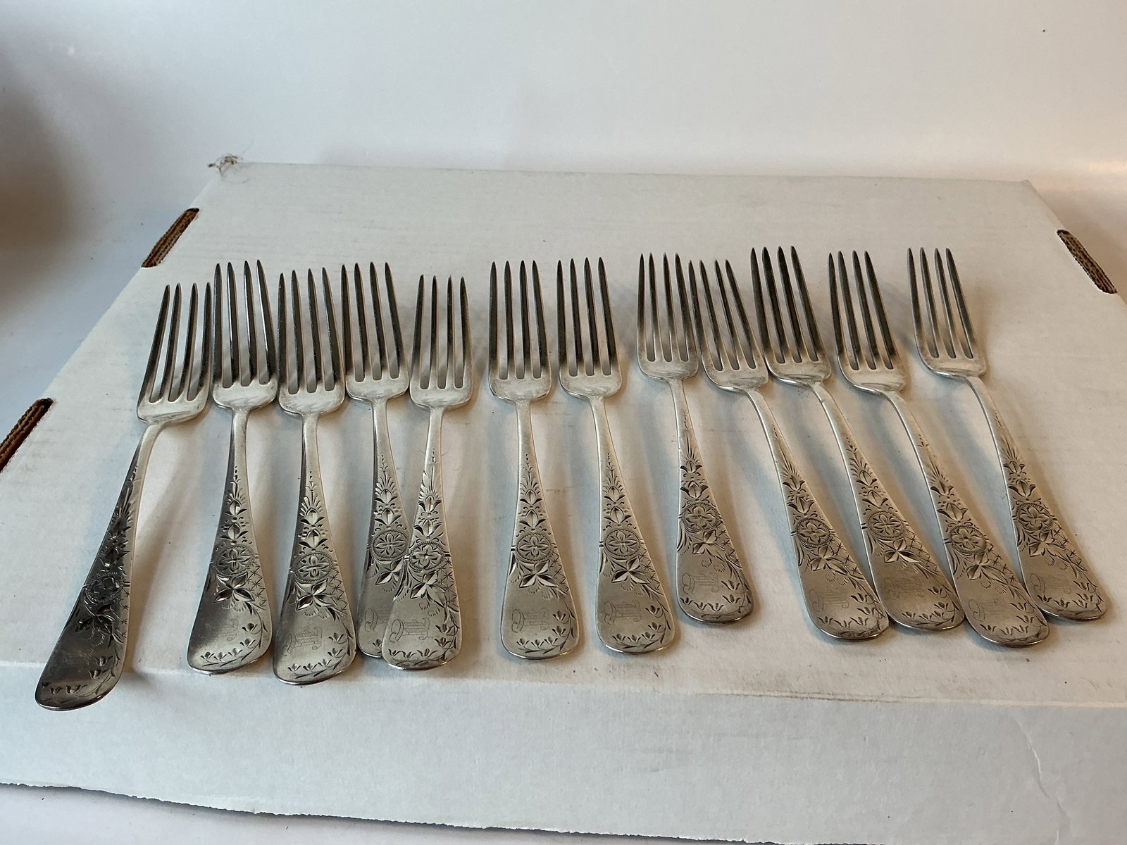 12 Sterling 7" Bright-Cut Dinner Forks, No Marks. (1 of 4)