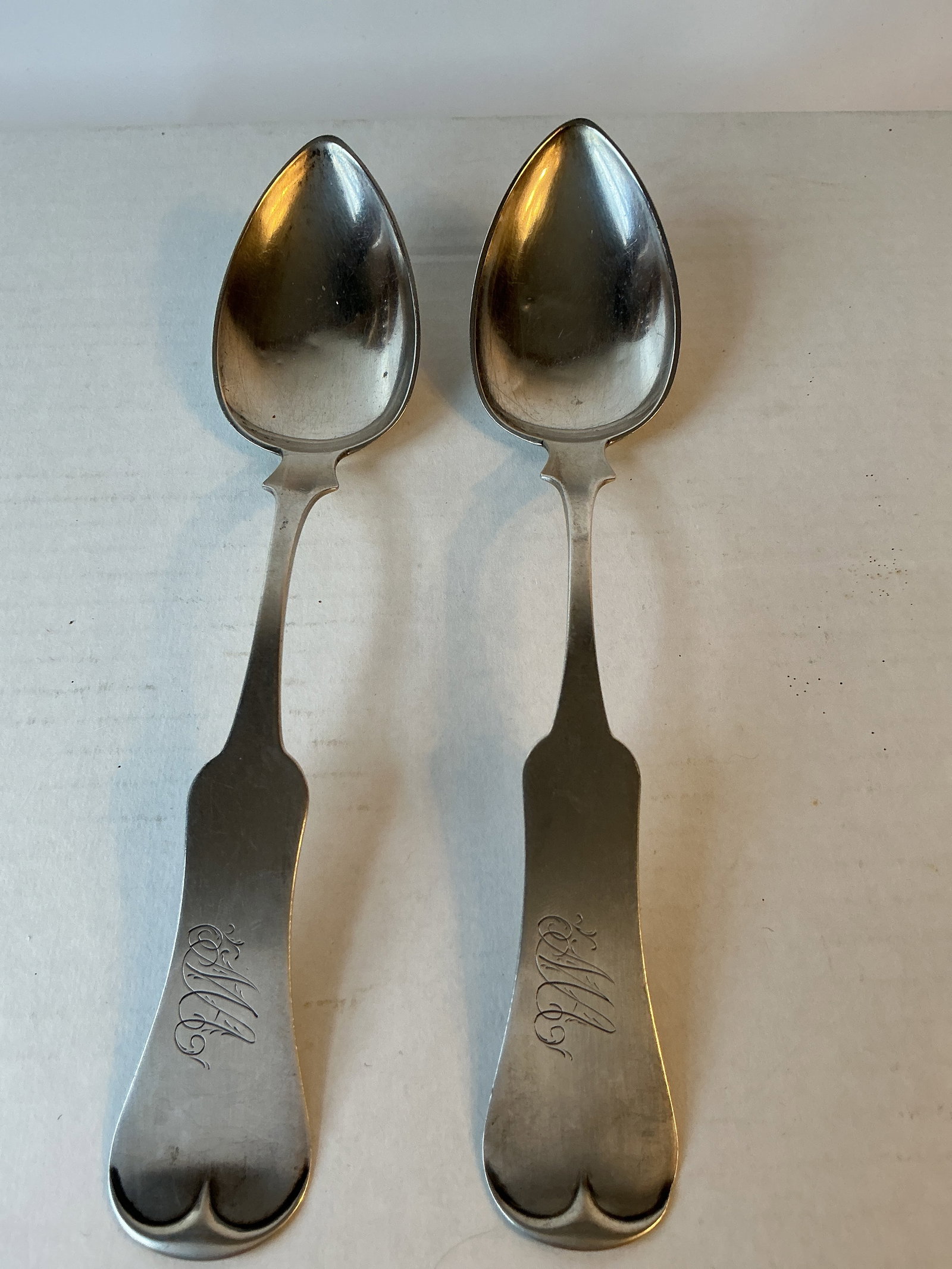 Lot of 2 9" Fiddleback Coin Silver Spoons. (1 of 4)