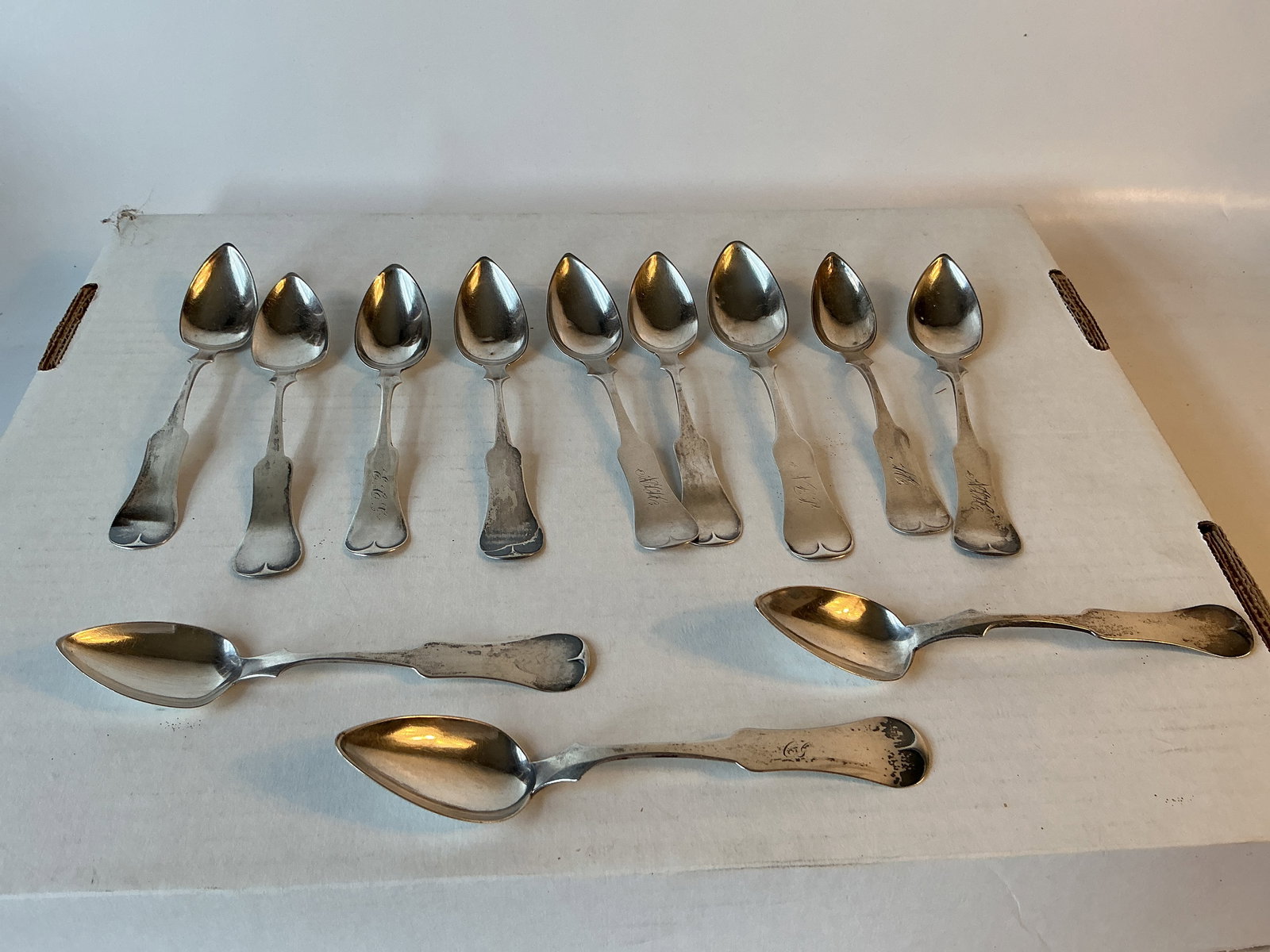 Lot of 12 Fiddleback Coin Silver Teaspoons. (1 of 3)