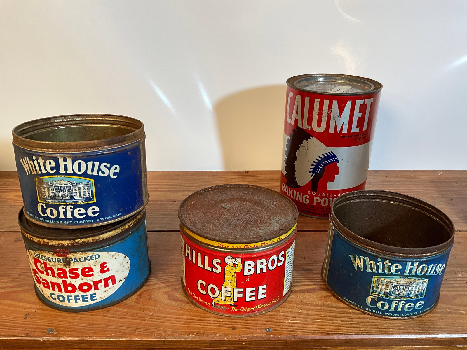 Lot of Five Assorted Tins, Four Coffee Tins, One Calumet Baking Powder (1 of 7)
