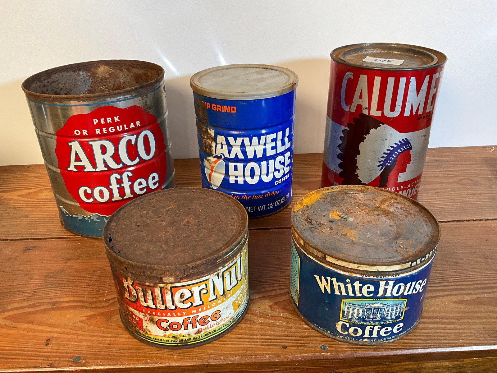Lot of Five Assorted Tins, Four Coffee Tins, One Calumet Baking Powder (1 of 7)