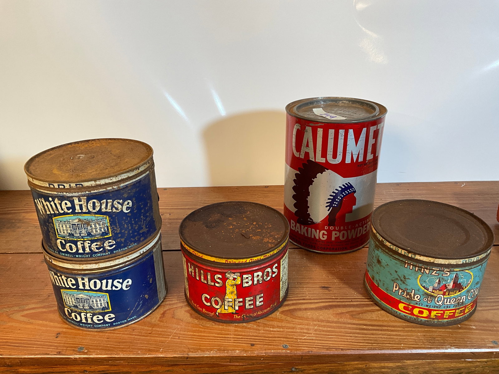 Lot of Five Assorted Tins, Four Coffee Tins, One Calumet Baking Powder (1 of 7)