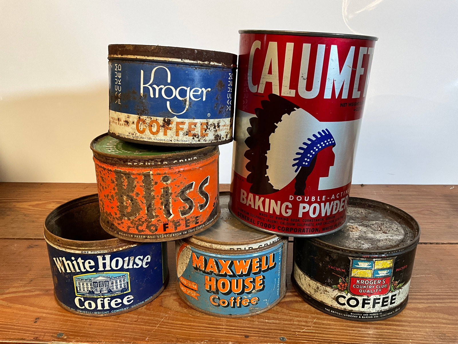 Lot of Six Assorted Tins, Five Coffee Tins, One Calumet Baking Powder (1 of 7)