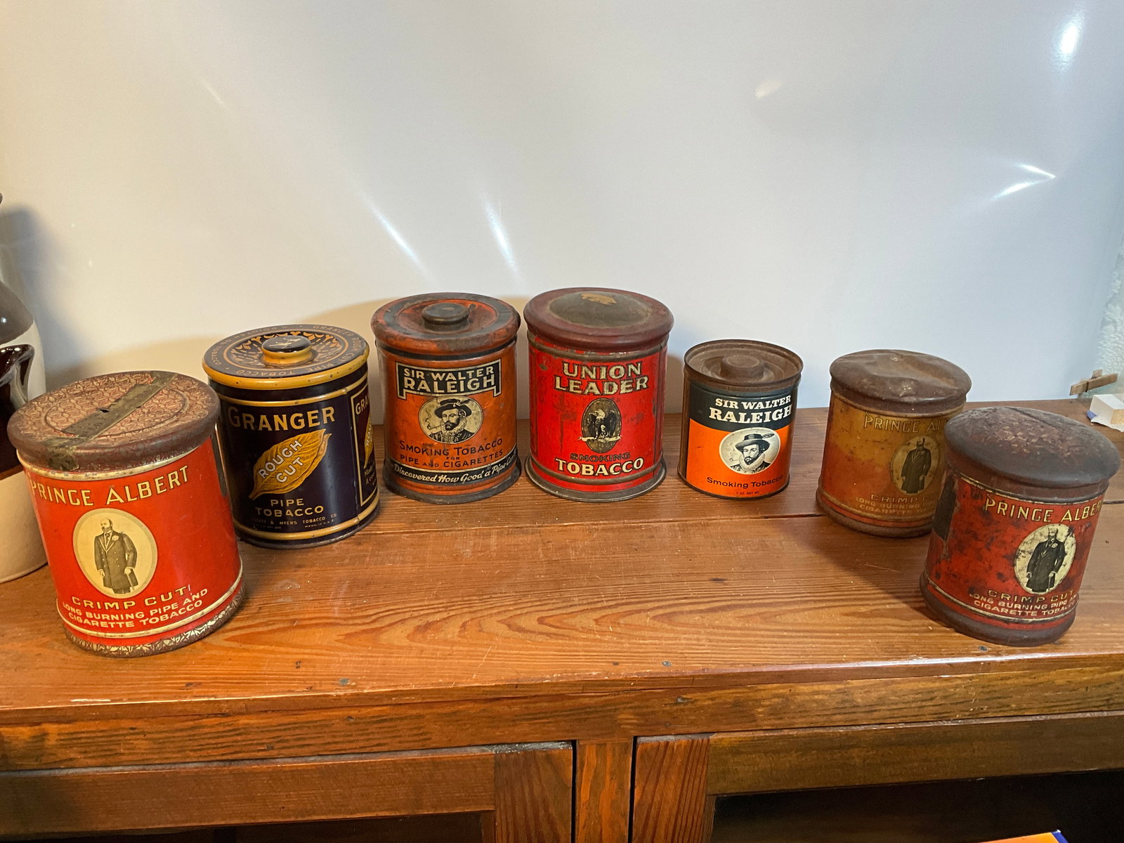 Lot of 7 Round Tobacco Tins - 1 Granger - 1 Union Leader - 2 Sir Raleigh - 3 Prince Albert (1 of 8)