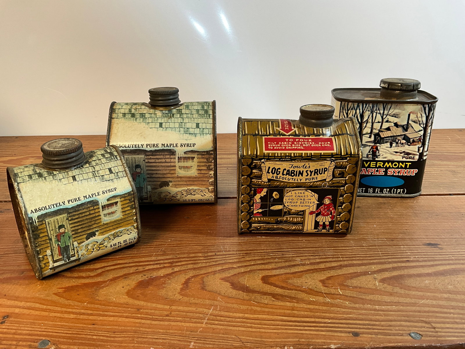 Vintage Lot of 4 Syrup Tins - Log Cabin Syrup - Vermont Maple Syrup - Absolutely Pure Maple Syrup (1 of 6)