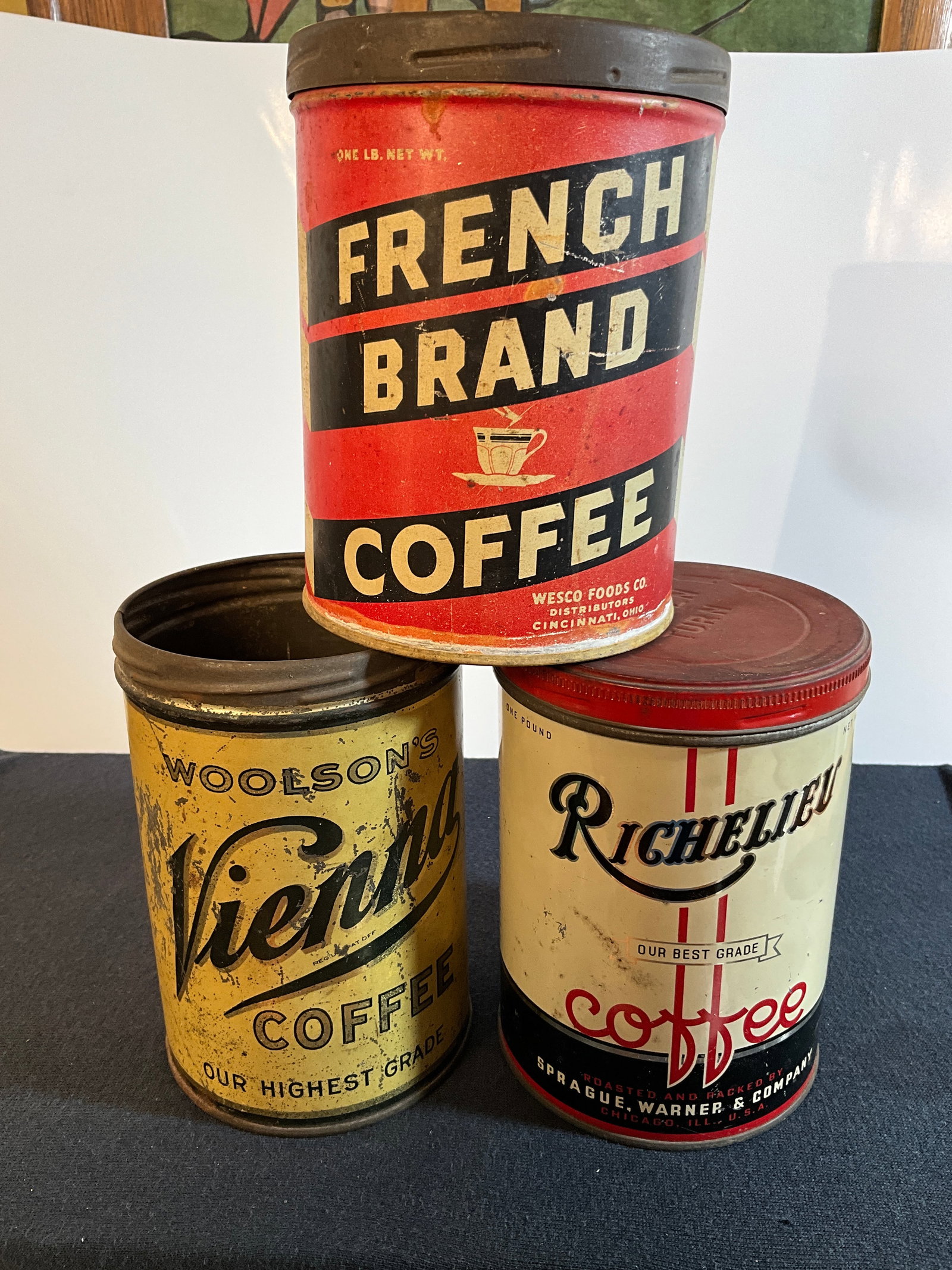 Lot of 3 Coffee Litho Tins - French Brand Coffee - Woolson's Vienna Coffee - Richelieu Coffee (1 of 6)