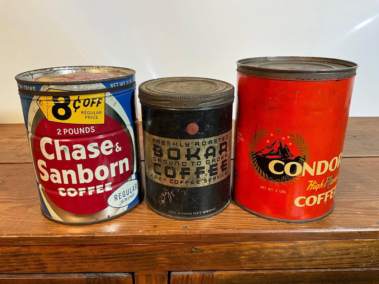 Lot of Three Vintage Coffee Tins with Lids, Chase & Sanborn Coffee, Bokar Coffee, and Condor Coffee (1 of 6)