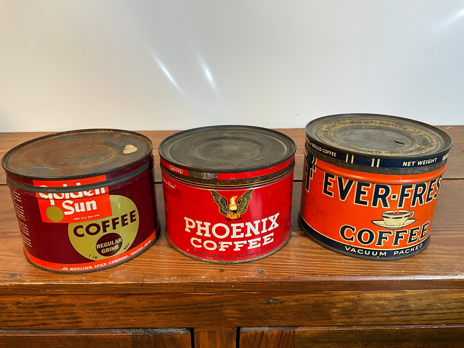 Lot of Three Vintage Coffee Tins, Ever-Fresh, Golden Sun, and Phoenix Coffee, All One-Pound (1 of 6)