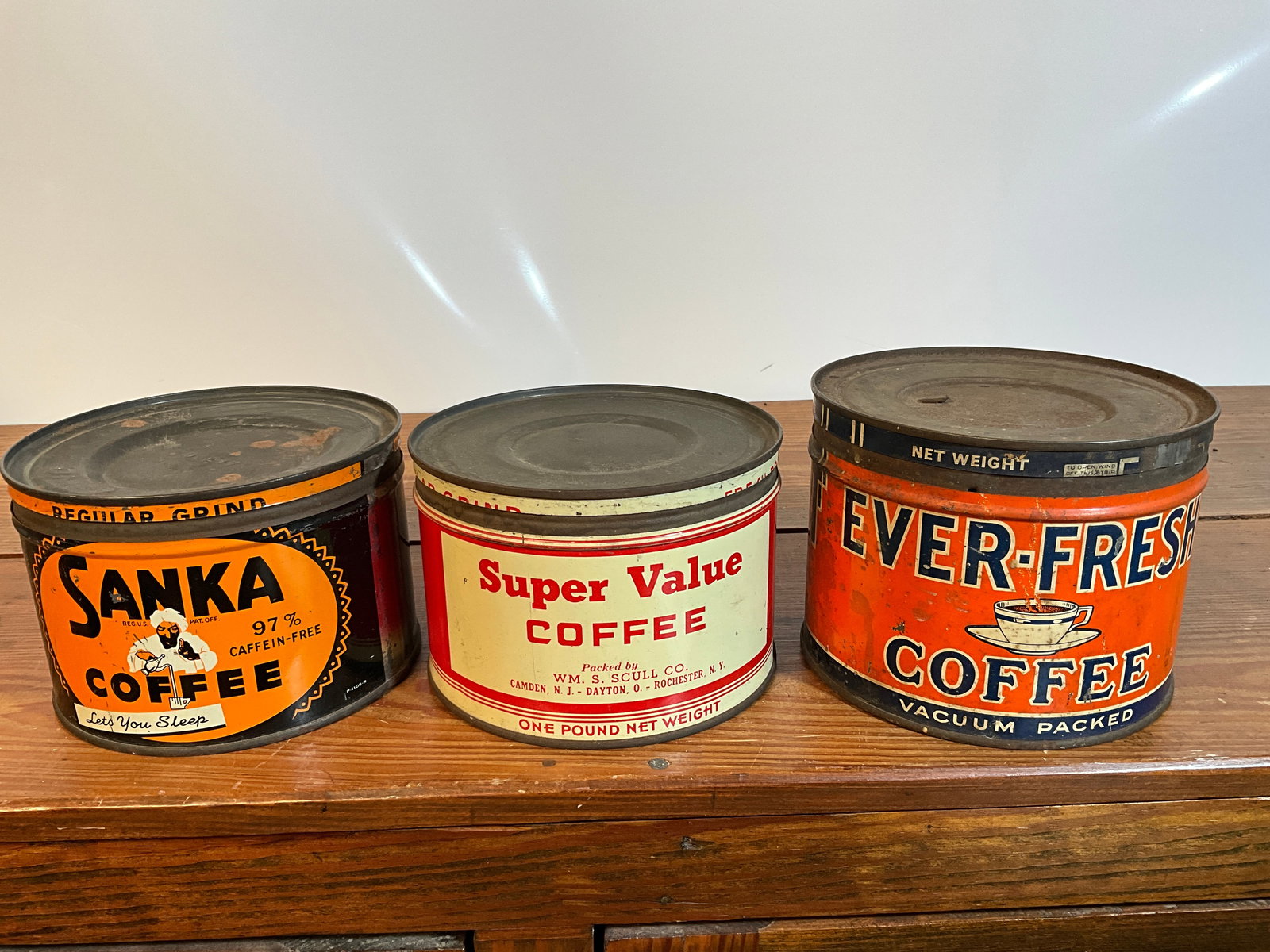 Lot of Three Vintage Coffee Tins, Ever-Fresh, Sanka, Super Value, All One-Pound, All Have Lids (1 of 6)