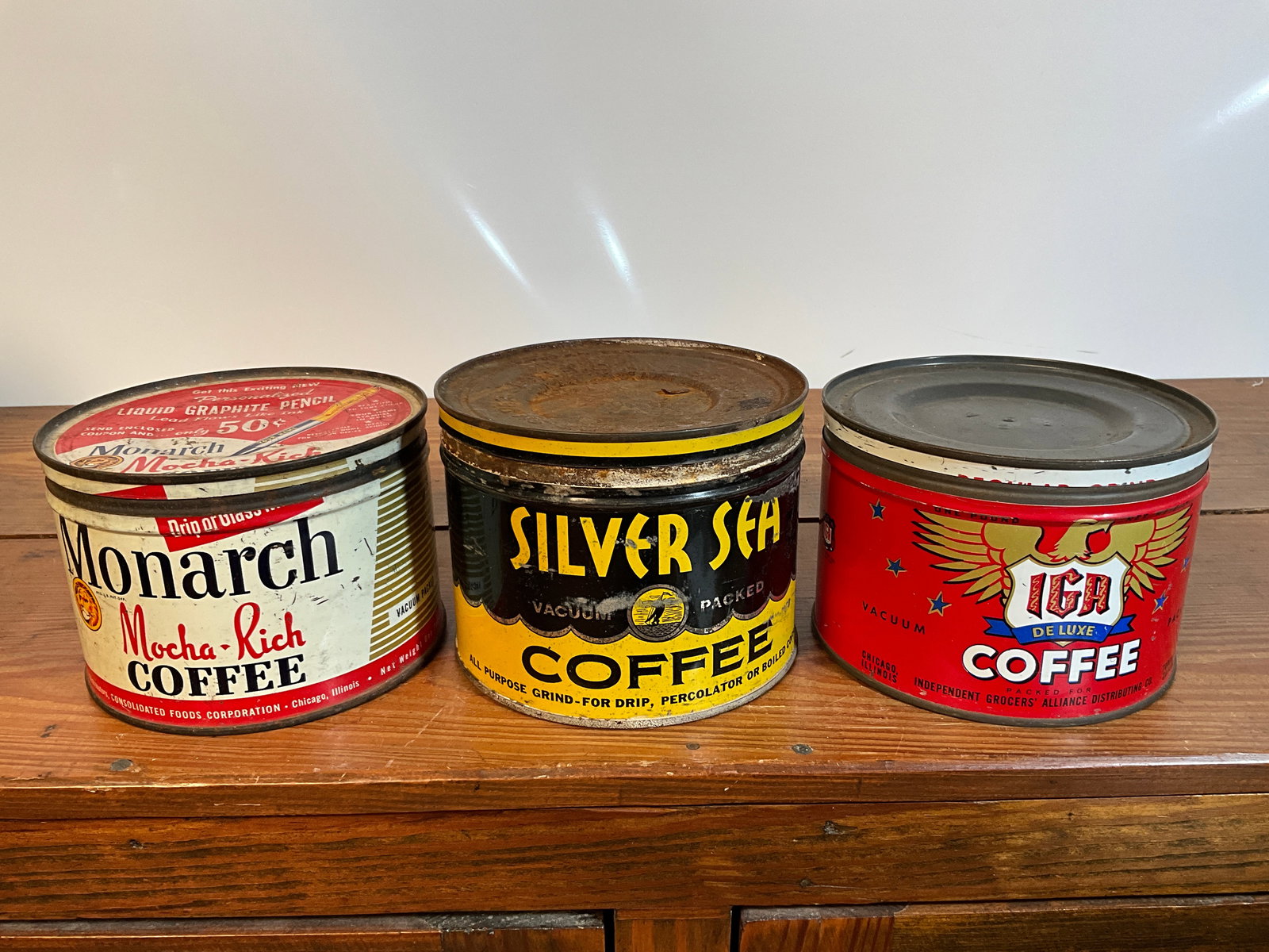 Lot of Three Vintage Coffee Tins, IGA Deluxe, Monarch, and Silver Sea, All One-Pound, All Have Lids (1 of 6)