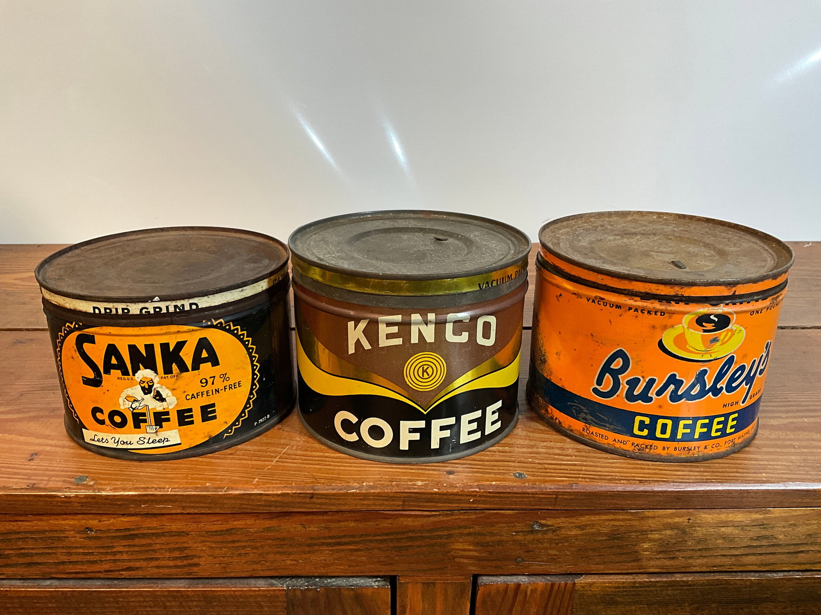Lot of Three Vintage Coffee Tins, Kenco, Sanka, Bursley's, All One-Pound, All Have Lids (1 of 6)