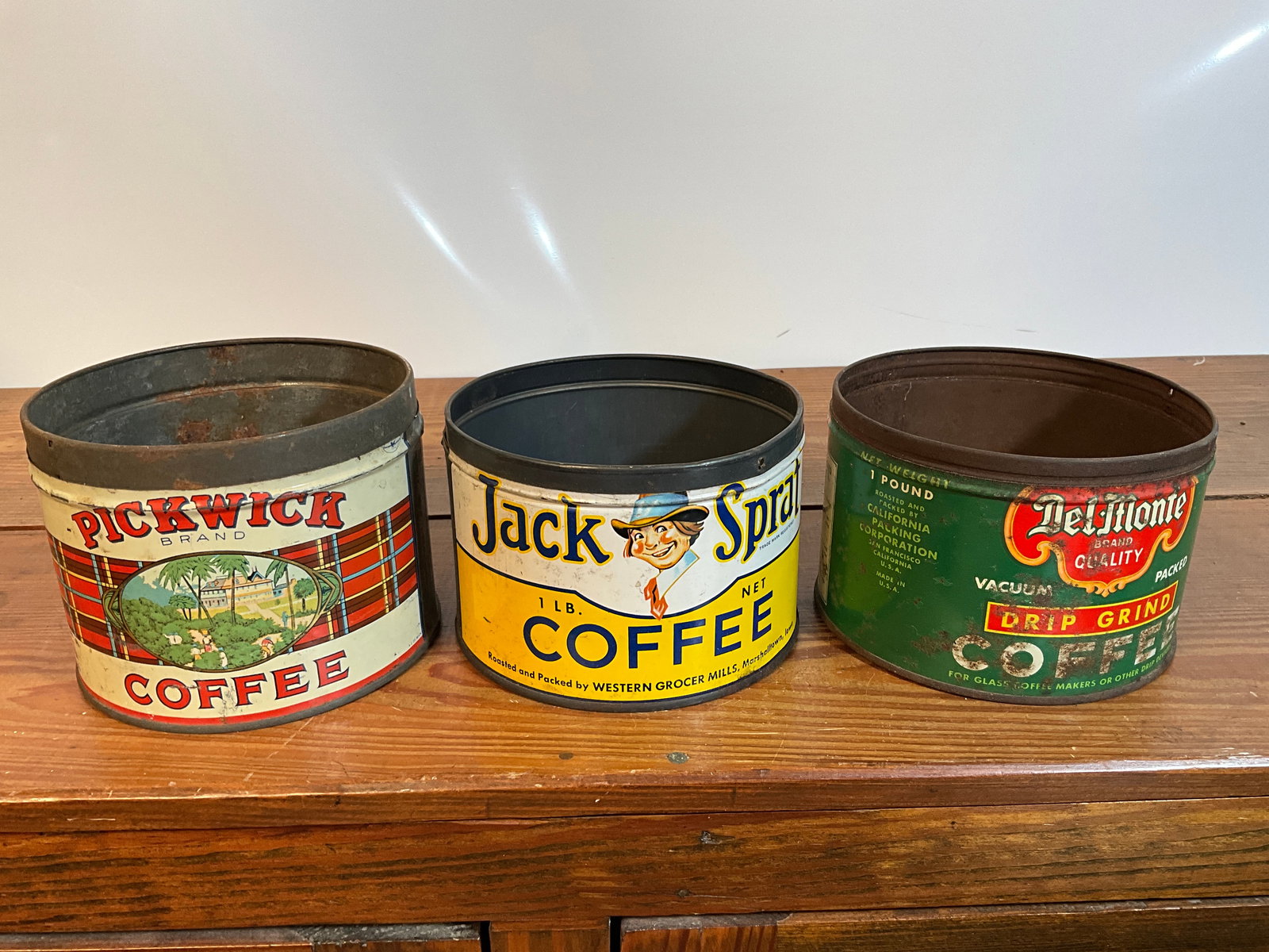 Lot of Three Vintage Coffee Tins, Jack Sprat, Pickwick, Del-Monte, All One-Pound (1 of 6)
