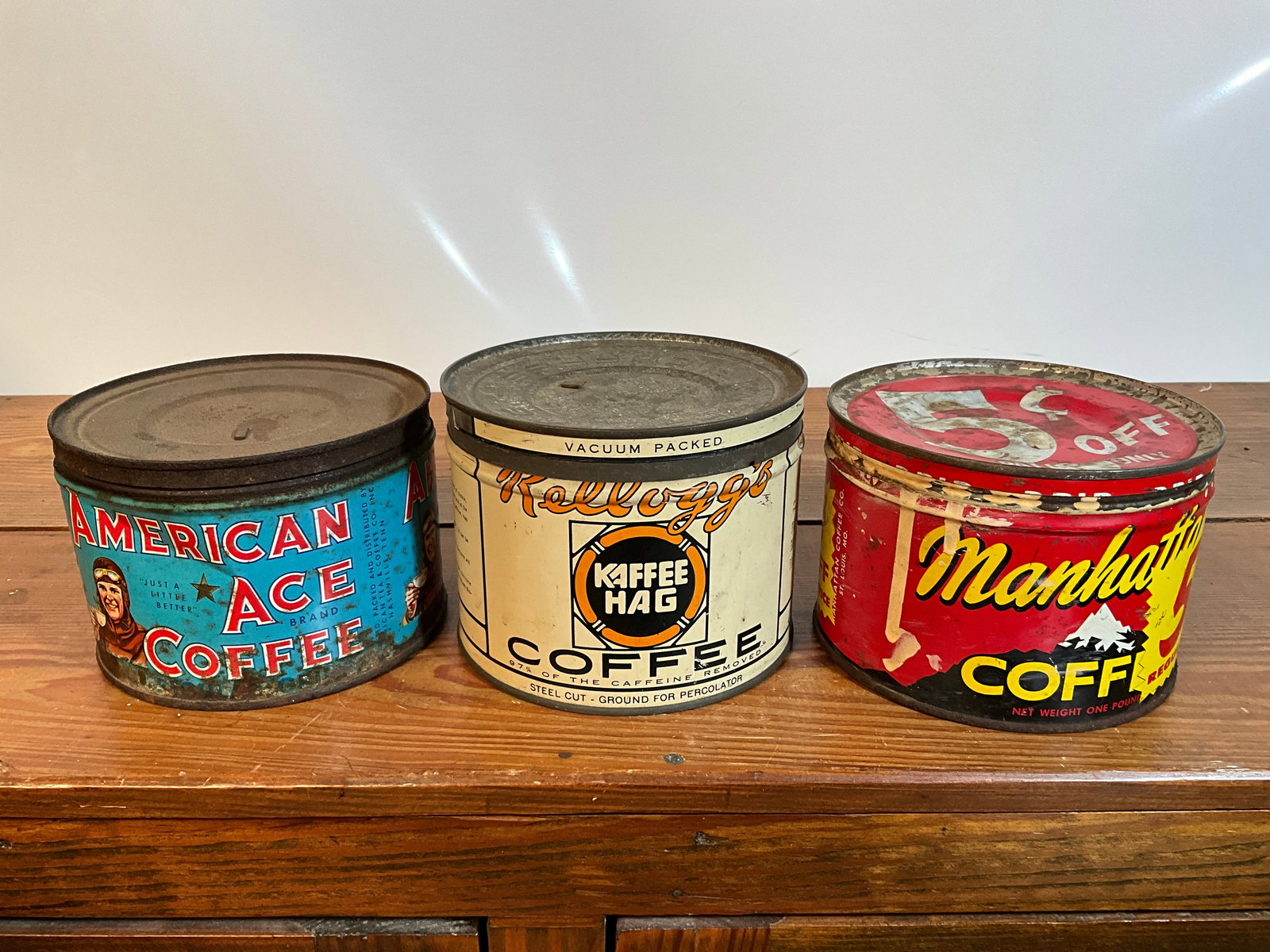 Lot of Three Vintage Coffee Tins, American Ace, Manhattan, Kellogg's, All One-Pound, All Have Lids (1 of 6)