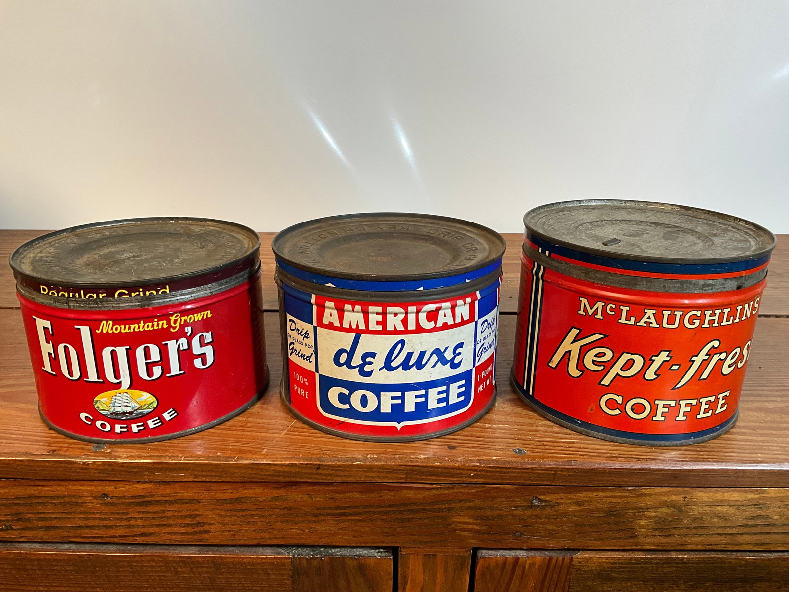 Lot of Three Vintage Coffee Tins, American Deluxe, Folger's, McLaughlin's, One-Pound, All Have Lids (1 of 6)
