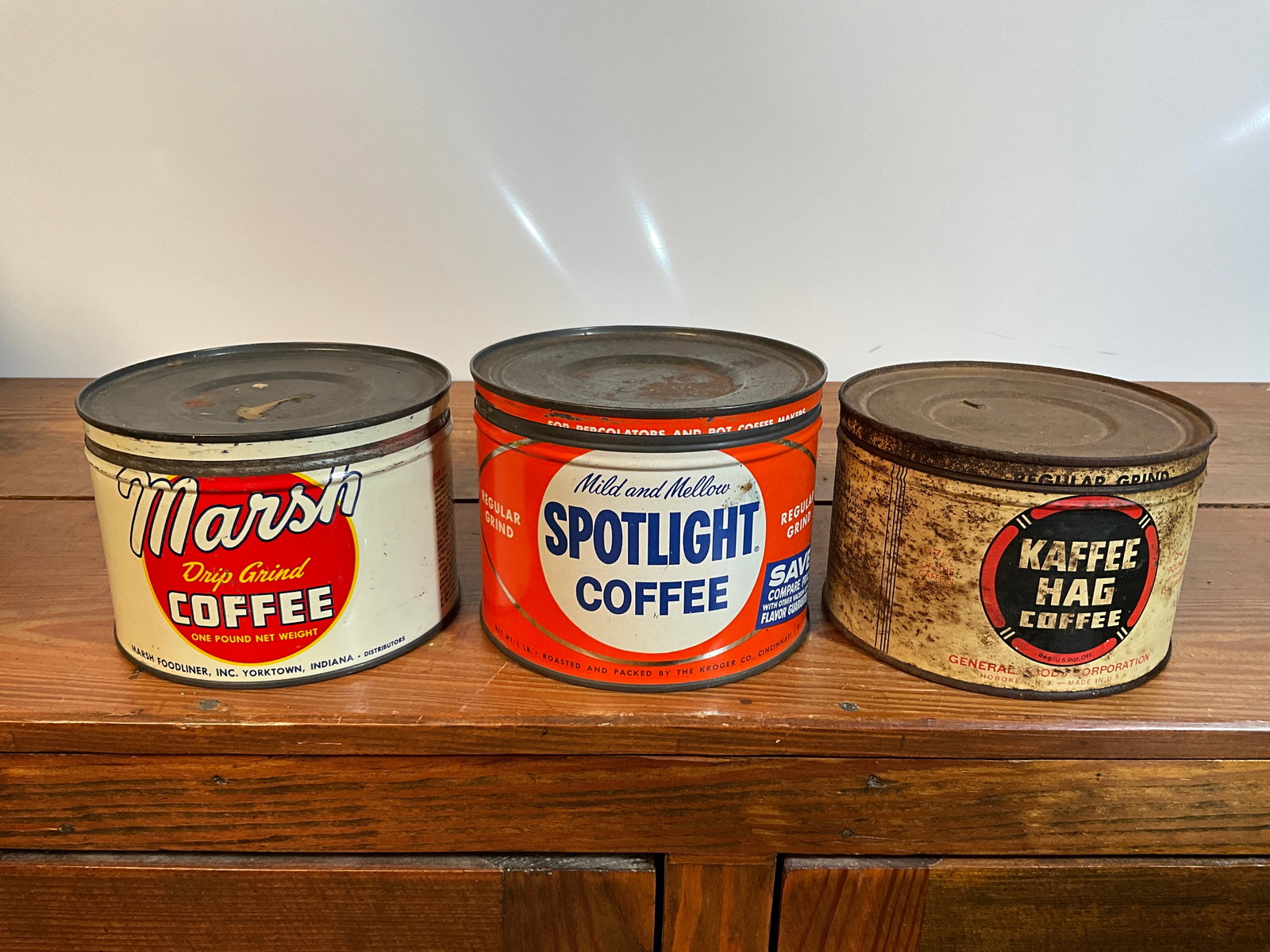 Lot of Three Vintage Coffee Tins, Kaffee Hag, Spotlight & Marsh, 1 Pound, All Have Lids (1 of 6)