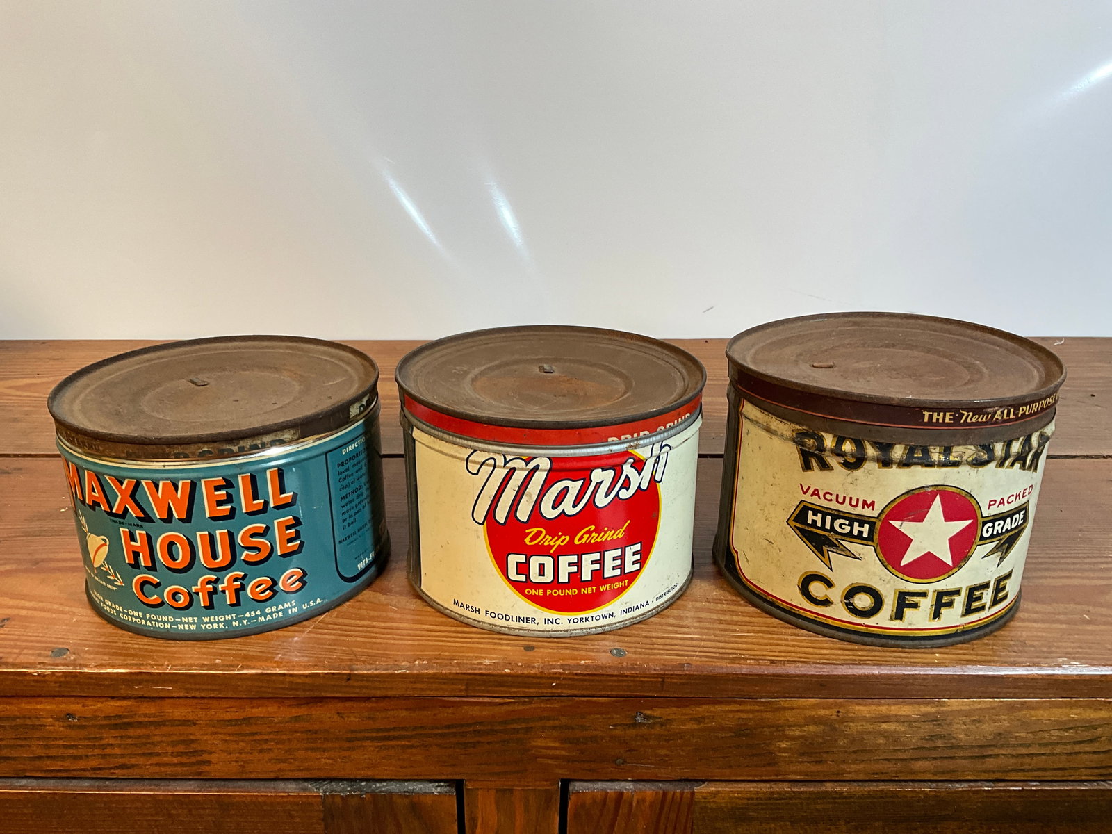 Lot of Three Vintage Coffee Tins, Marsh, Maxwell House & Royal Star, 1 Pound, All Have Lids: Lot of three vintage coffee tins. One is an Marsh Coffe out of Yorktown Indiana. It is a one-pound tin with a lid. The second coffee tin is a Maxwell House Coffee out of New York. It is one-pound coff