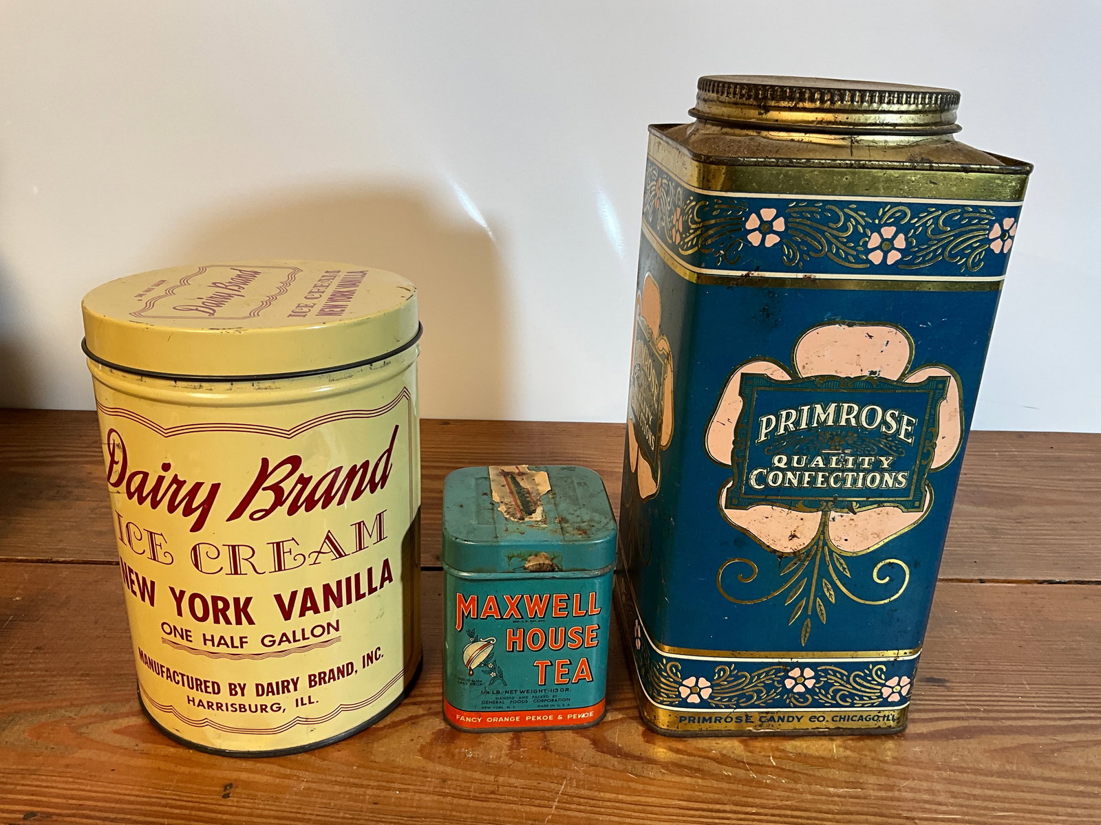 Lot of 3 Vintage Misc. Tin Cans - Dairy Brand Ice Cream - Maxwell House Tea - Primrose Confections (1 of 6)