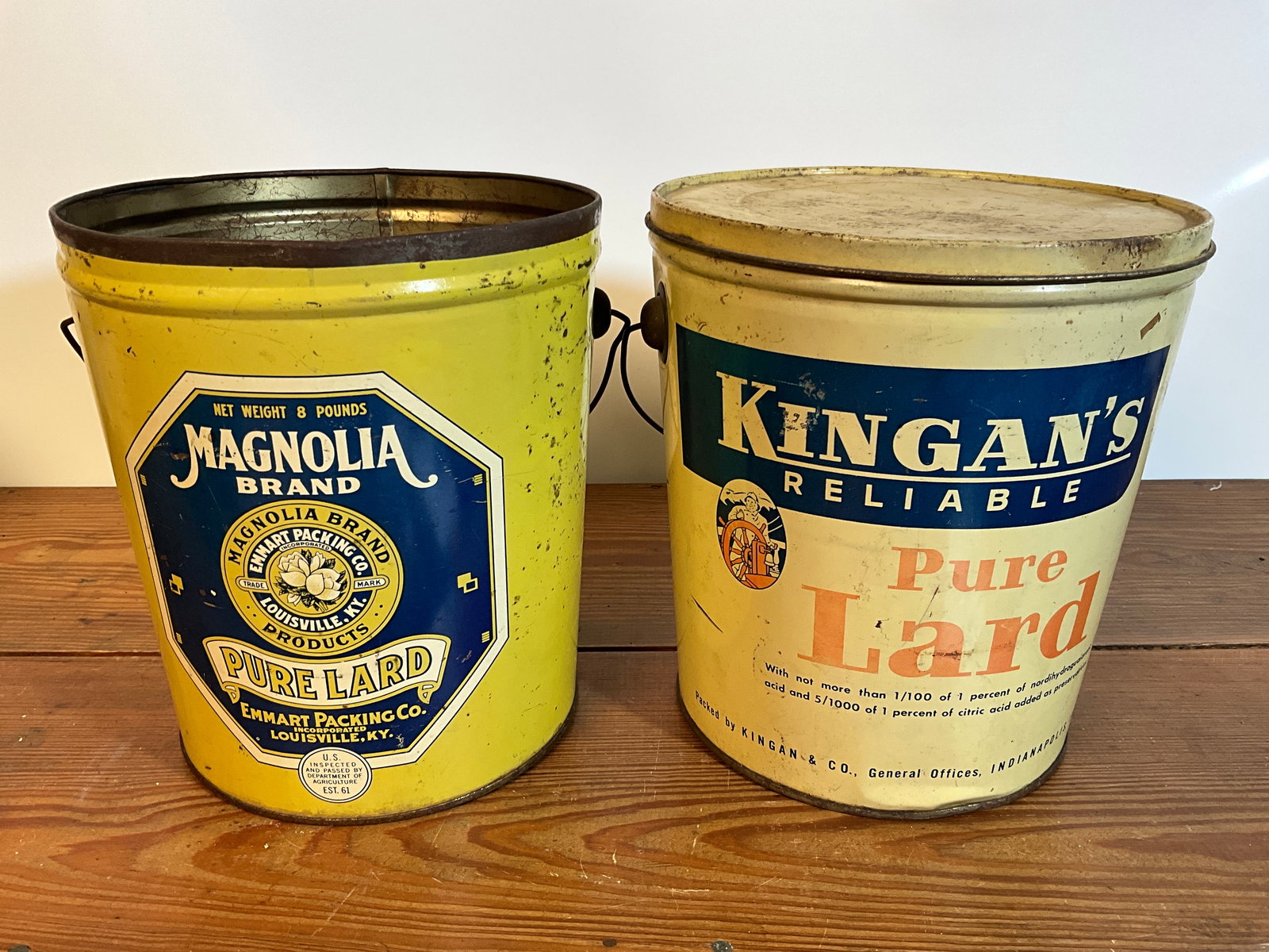 Lot of Two Vintage Lard Tin Cans, Kingan's Reliable, Magnolia Brand, Eight Pounds (1 of 6)