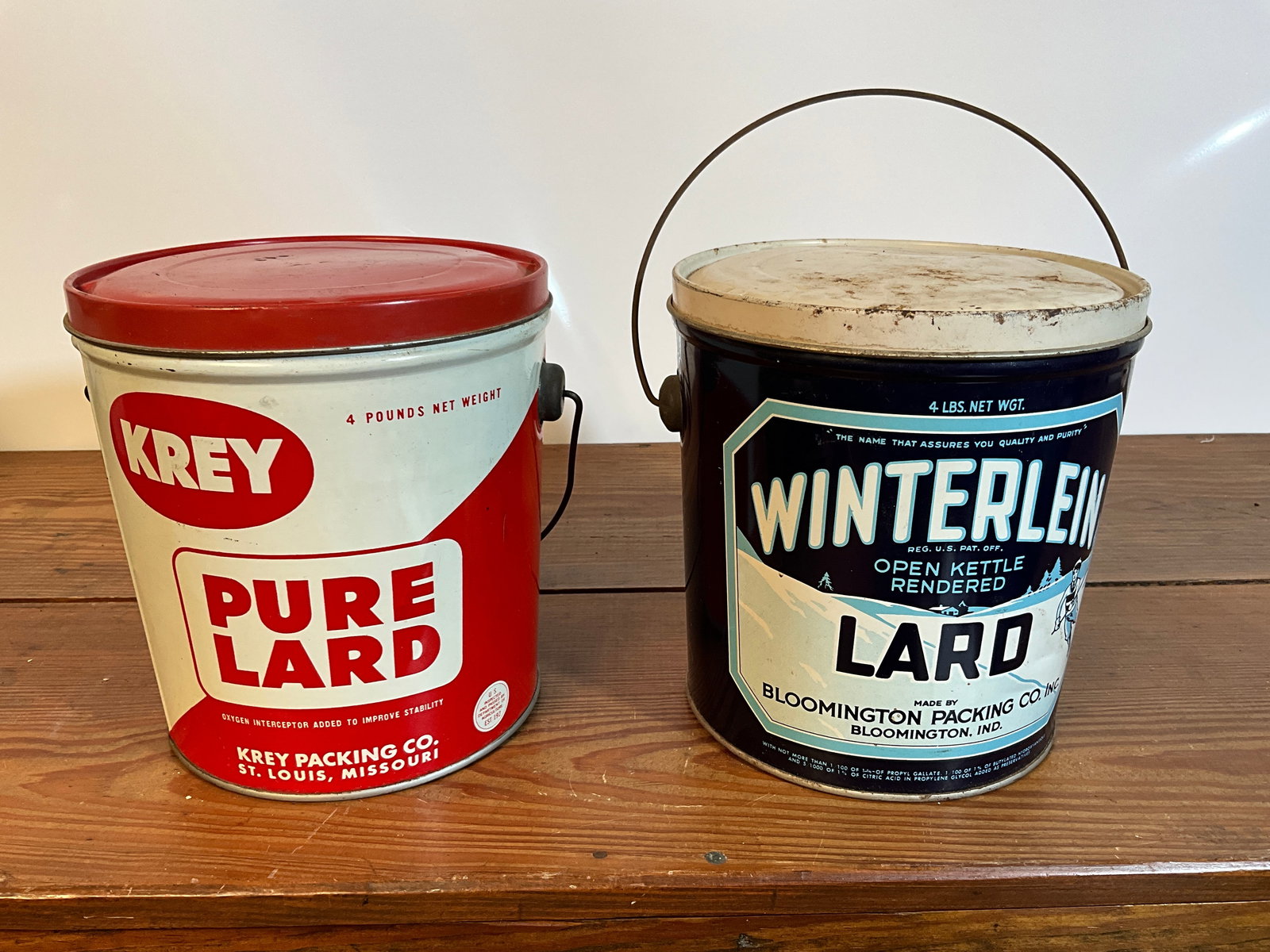 Lot of Two Vintage Lard Tin Cans, Winterlein Lard, Krey Pure Lard, Four Pounds with Lids (1 of 6)