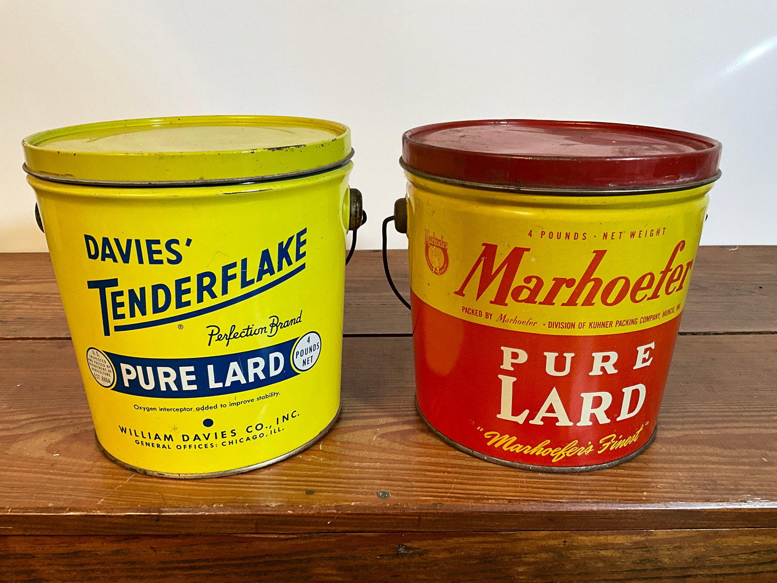 Lot of Two Vintage Lard Tin Cans, Marhoefer Pure Lard, Davies' Pure Lard, Four Pounds with Lids (1 of 6)