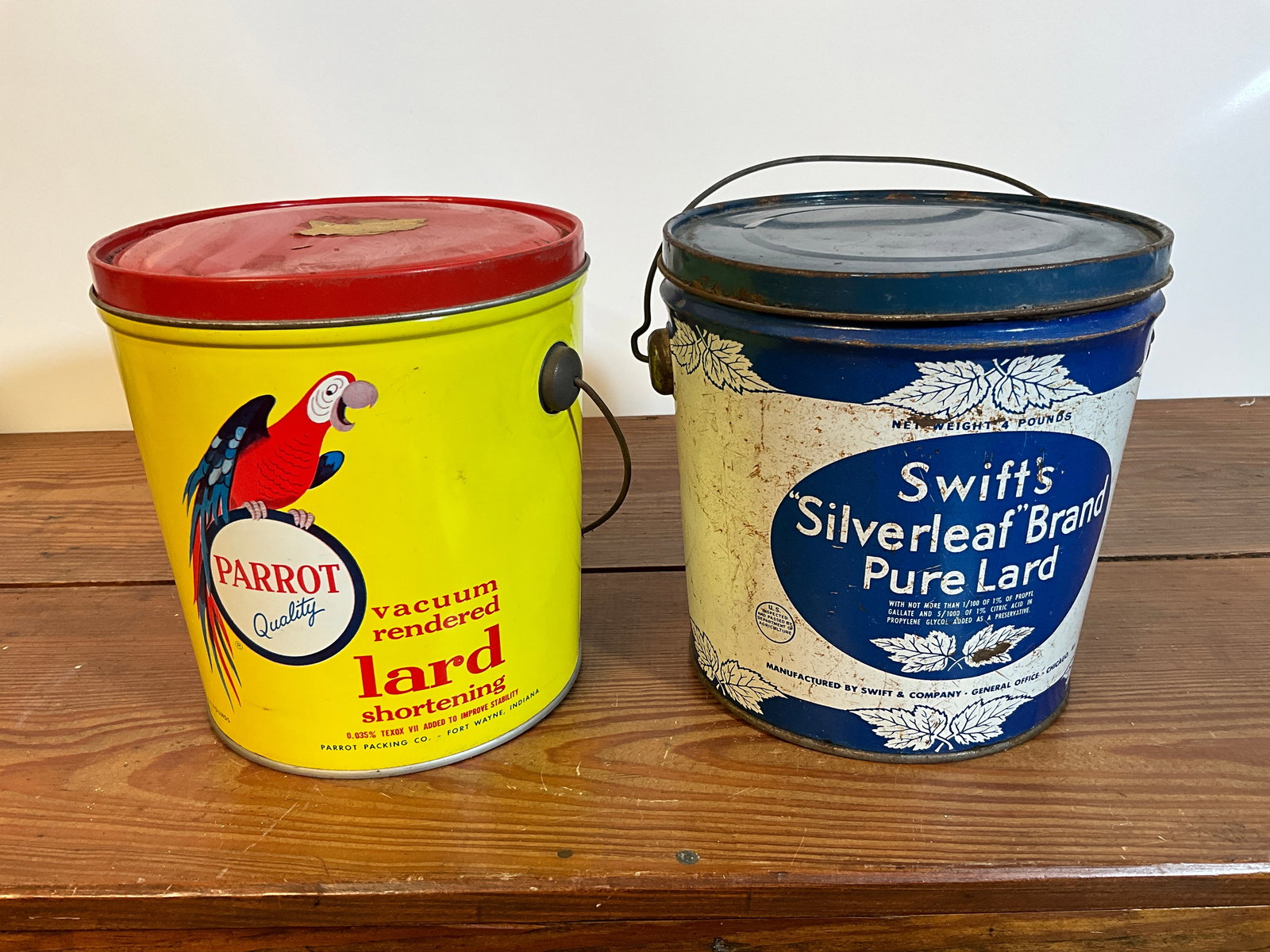 Lot of Two Vintage Lard Tin Cans, Parrot Lard Shortening, Swift's Silverleaf, Four Pounds with Lids (1 of 6)