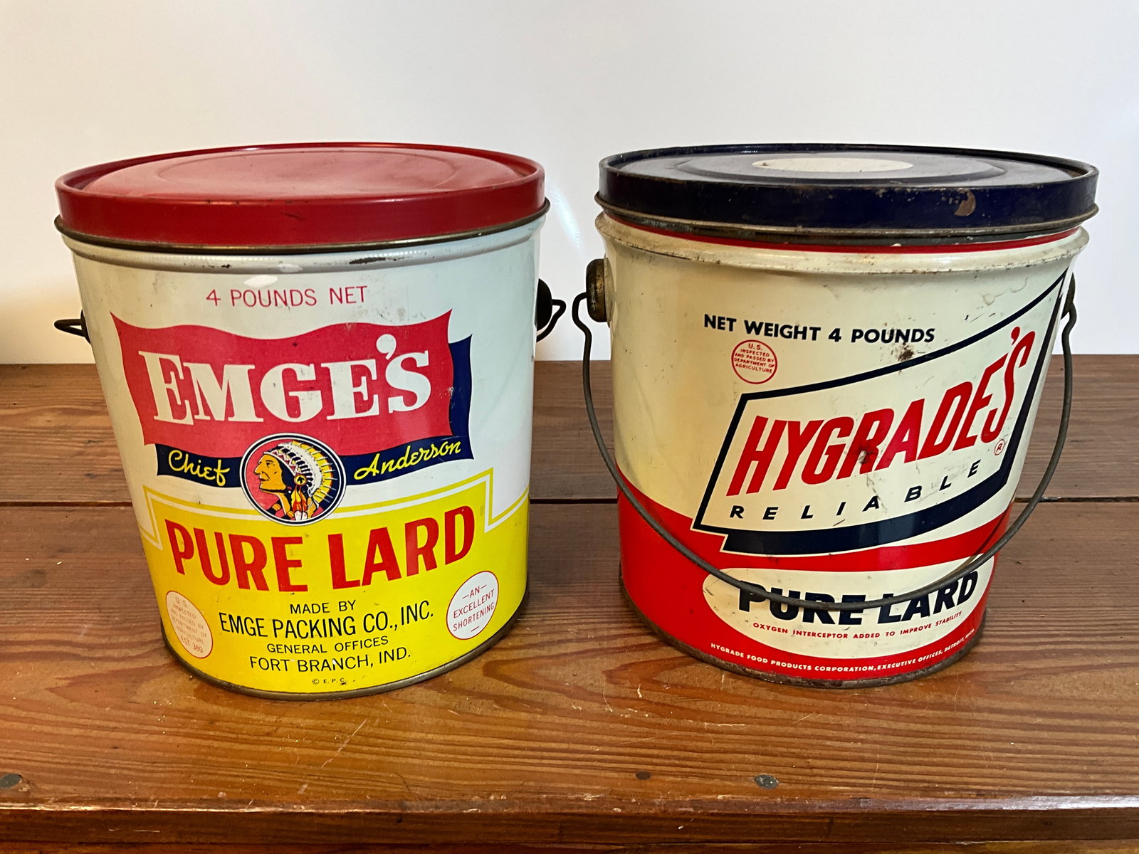 Lot of Two Vintage Lard Tin Cans, Emge's Pure Lard, Hygrade's Reliable, Four Pounds with Lids (1 of 6)
