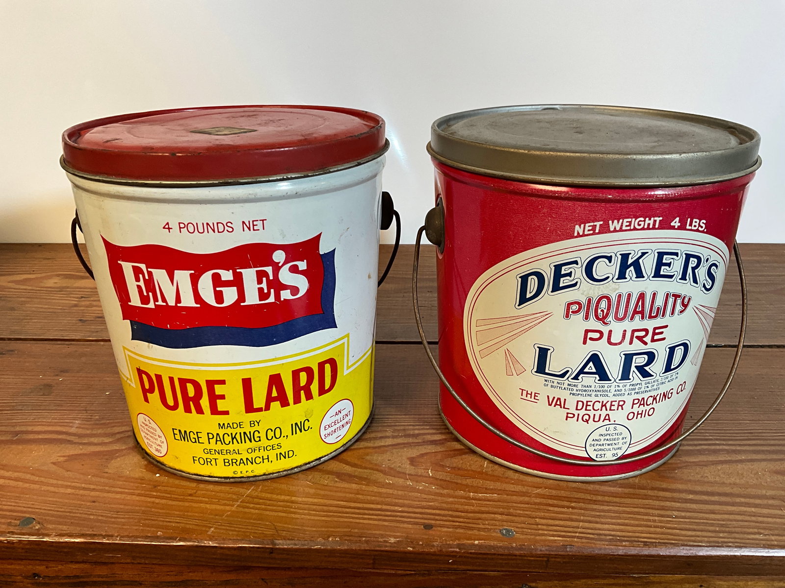 Lot of Two Vintage Lard Tin Cans, Emge's Pure Lard, Decker's PiQuality, Four Pounds with Lids (1 of 6)
