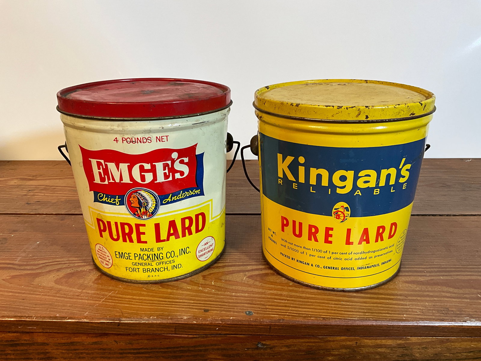 Lot of Two Vintage Lard Tin Cans, Emge's Pure Lard, Kingan's Reliable, Four Pounds with Lids (1 of 6)
