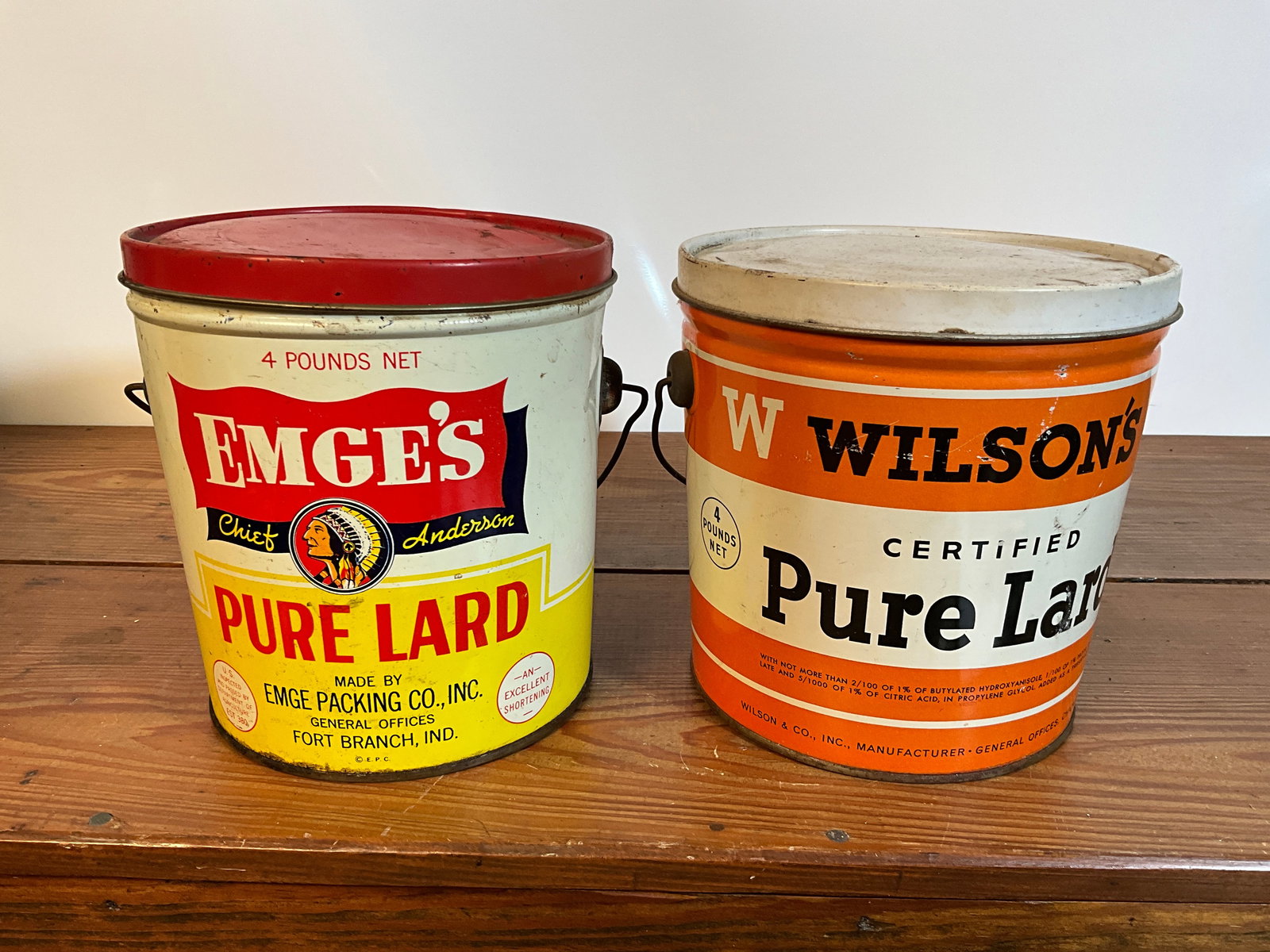 Lot of Two Vintage Lard Tin Cans, Emge's Pure Lard, Wilson's Pure Lard, Four Pounds with Lids (1 of 6)