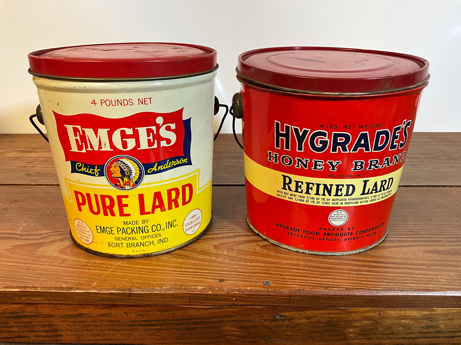 Lot of Two Vintage Lard Tin Cans, Emge's Pure Lard, Hygrade's Refined Lard, Four Pounds with Lids (1 of 6)