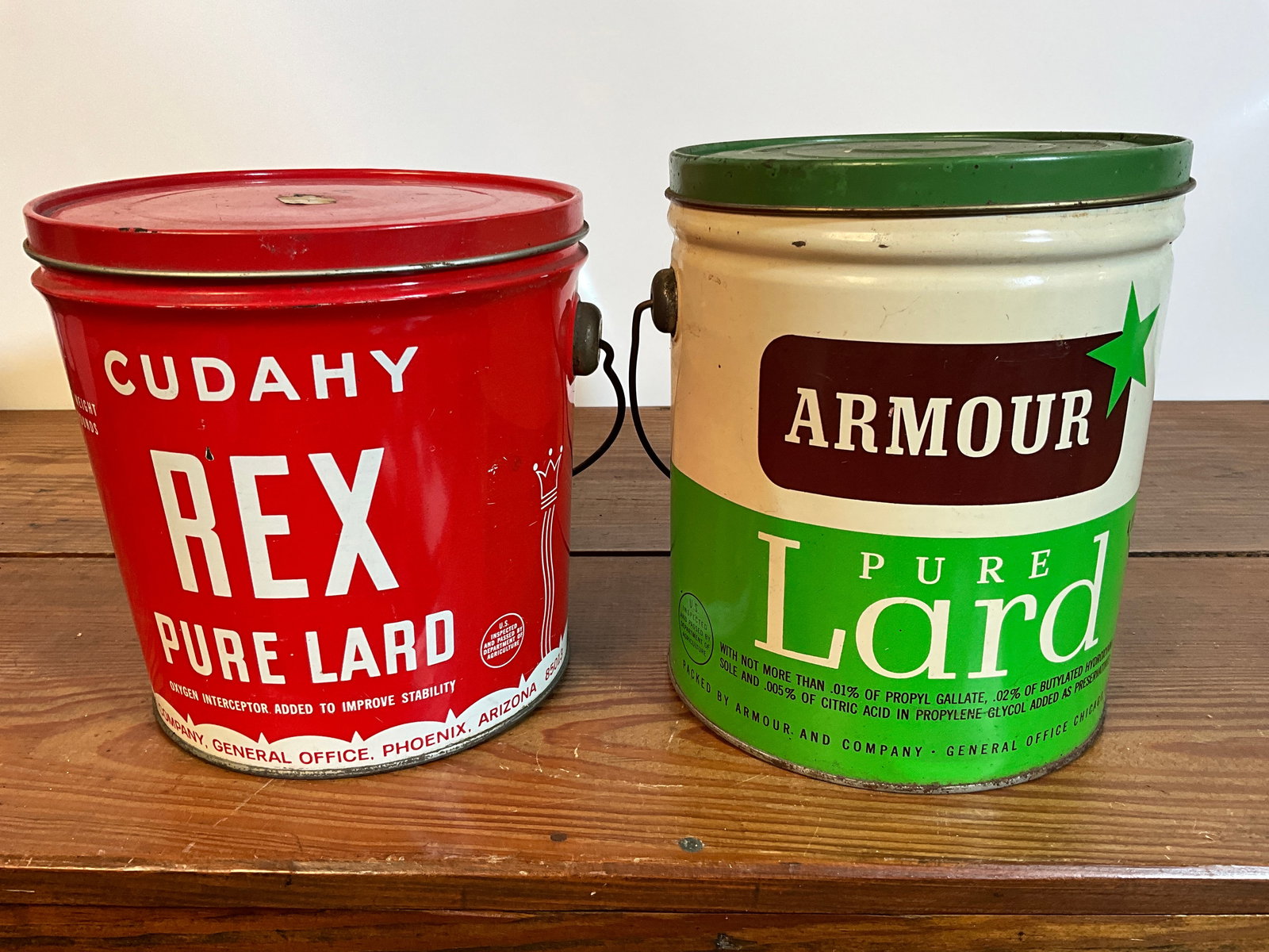 Lot of Two Vintage Lard Tin Cans, Cudahy Rex Pure Lard, Armor Pure Lard, Four Pounds with Lids (1 of 6)