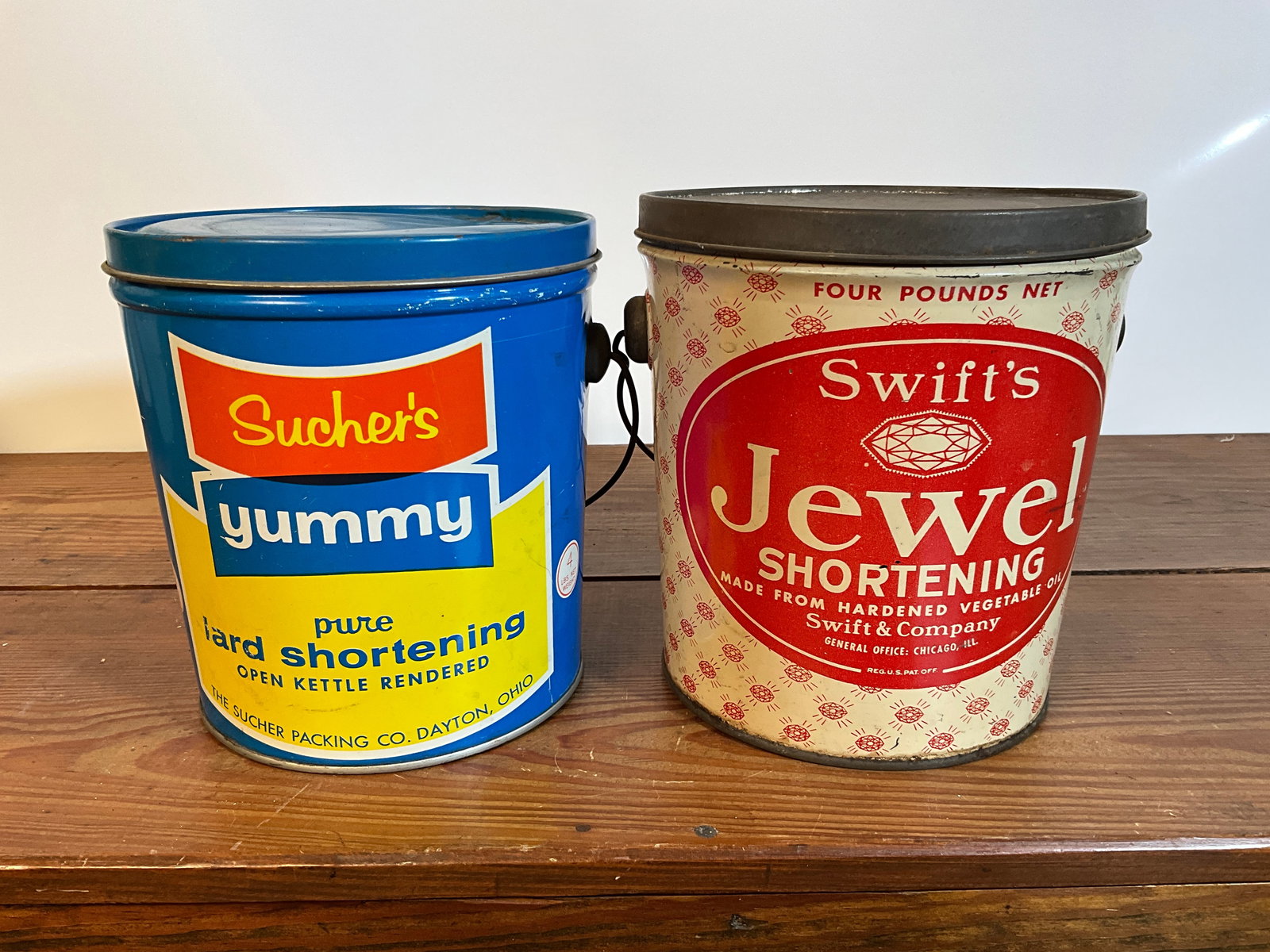 Lot of Two Vintage Lard Tin Cans, Sucher's Yummy, Swift's Jewel, Four Pounds with Lids (1 of 6)