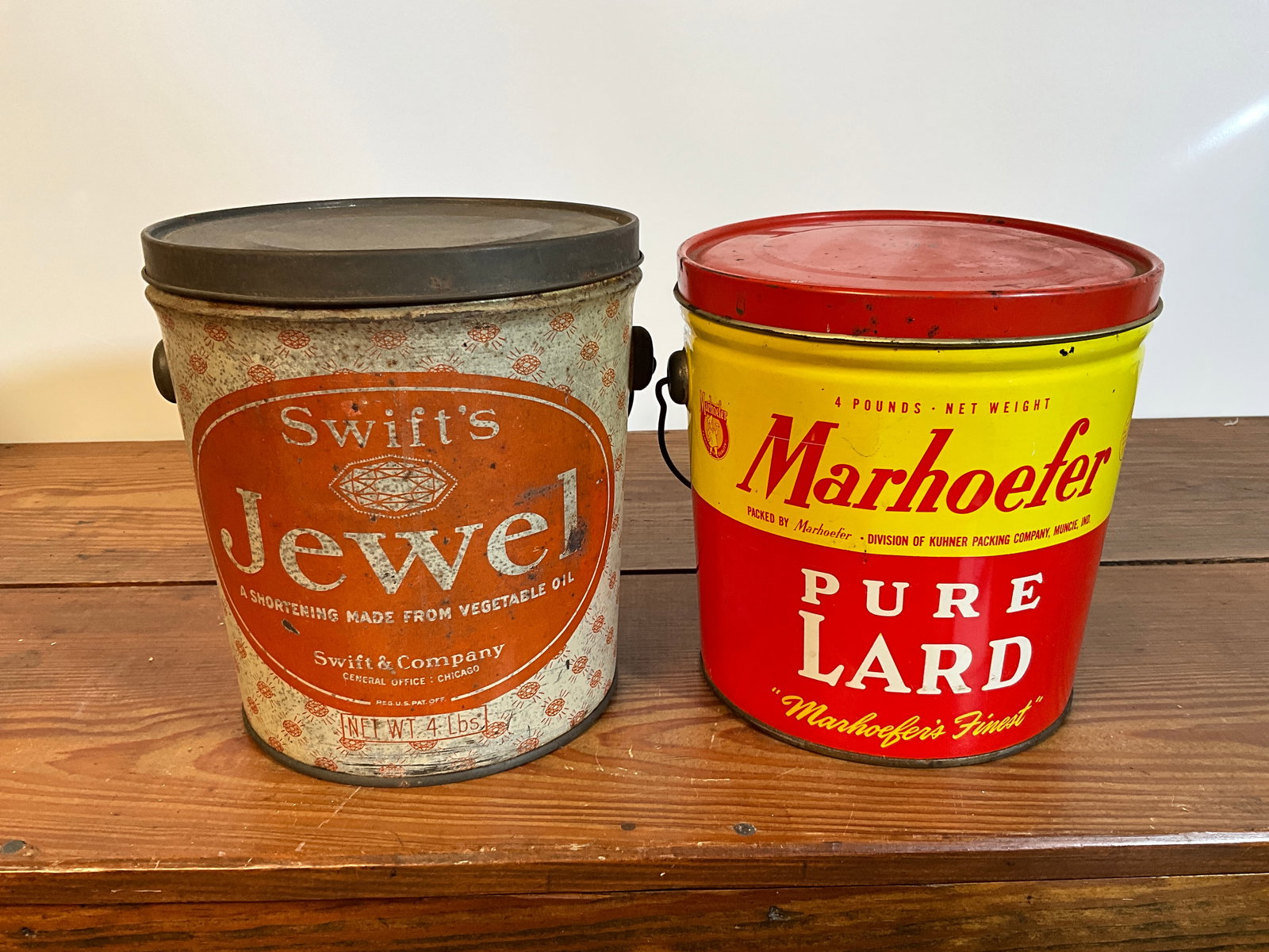 Lot of Two Vintage Lard Tin Cans, Marhoefer Pure Lard, Swift's Jewel, Four Pounds with Lids (1 of 6)