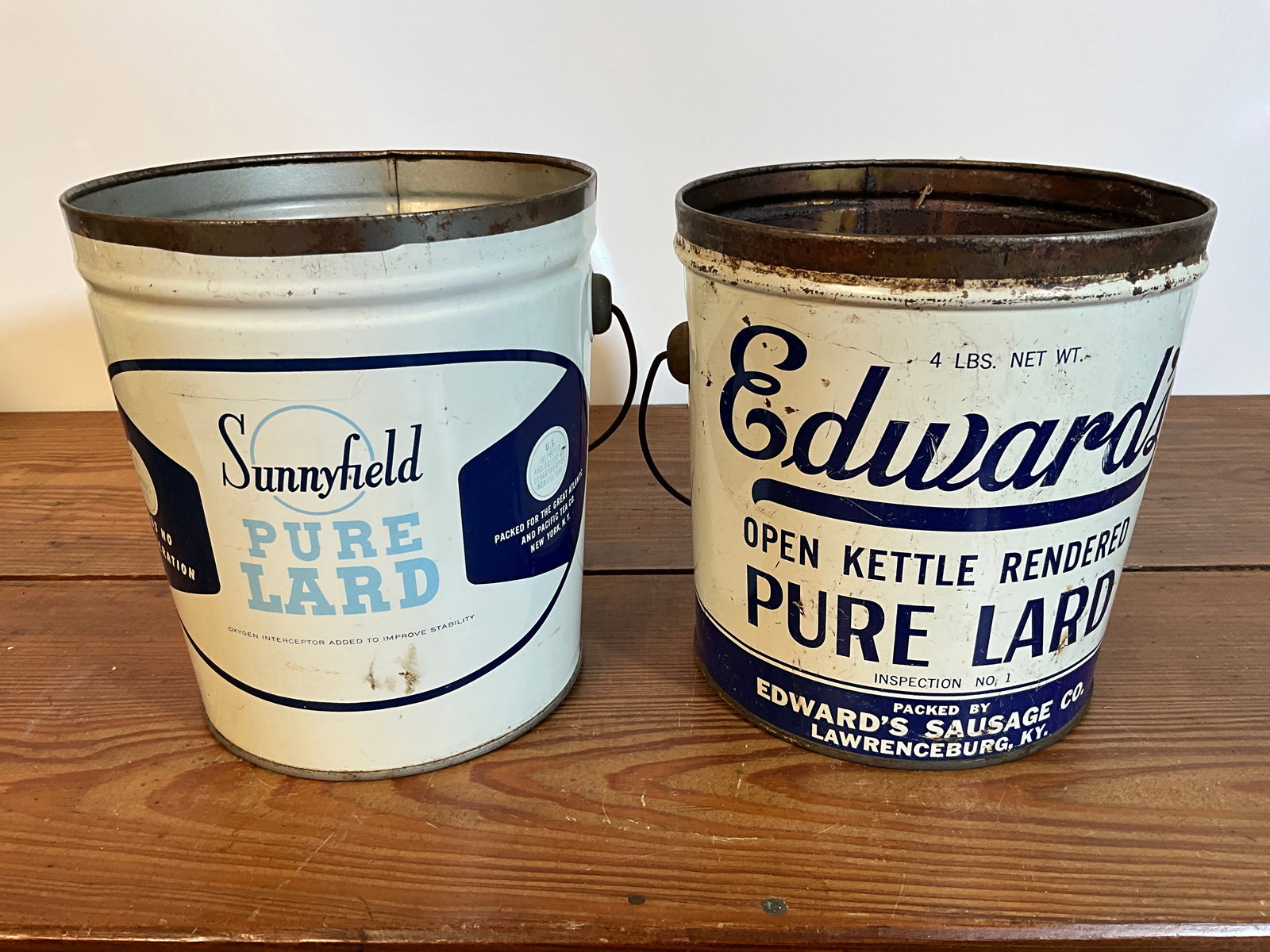 Lot of Two Vintage Lard Tin Cans, Sunnyfield Pure Lard, Edward's Pure Lard, Four Pounds (1 of 6)