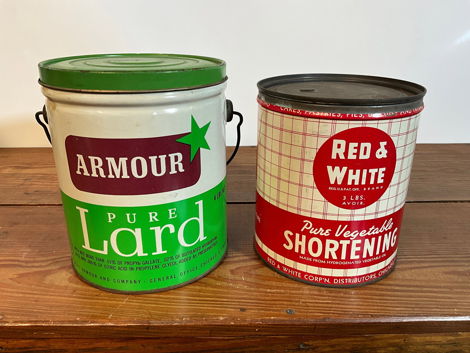 Lot of Two Vintage Tin Cans, Red & White Pure Vegetable Shortening, Armour Pure Lard (1 of 6)