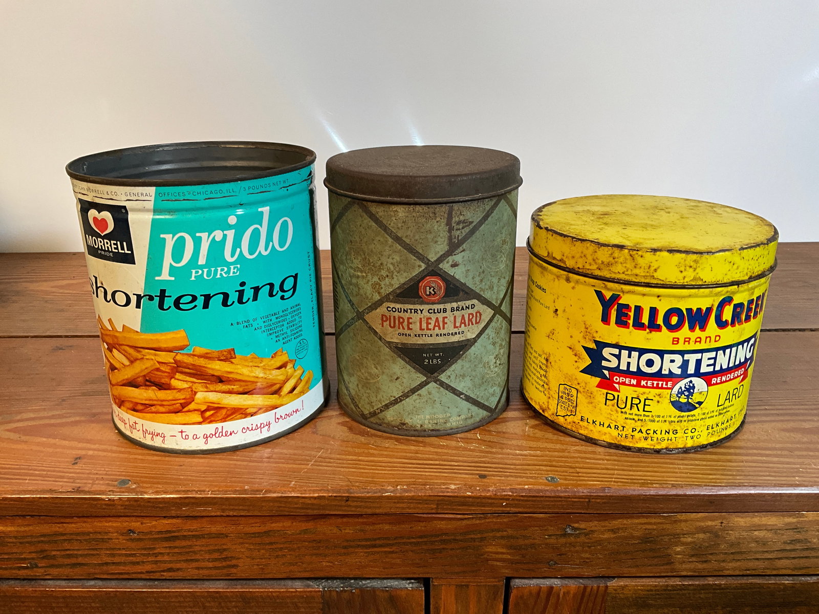 Lot of Three Vintage Tin Cans, Morrell Pride, Kroger Country Club Pure Lard, Yellow Creek Shortening (1 of 6)