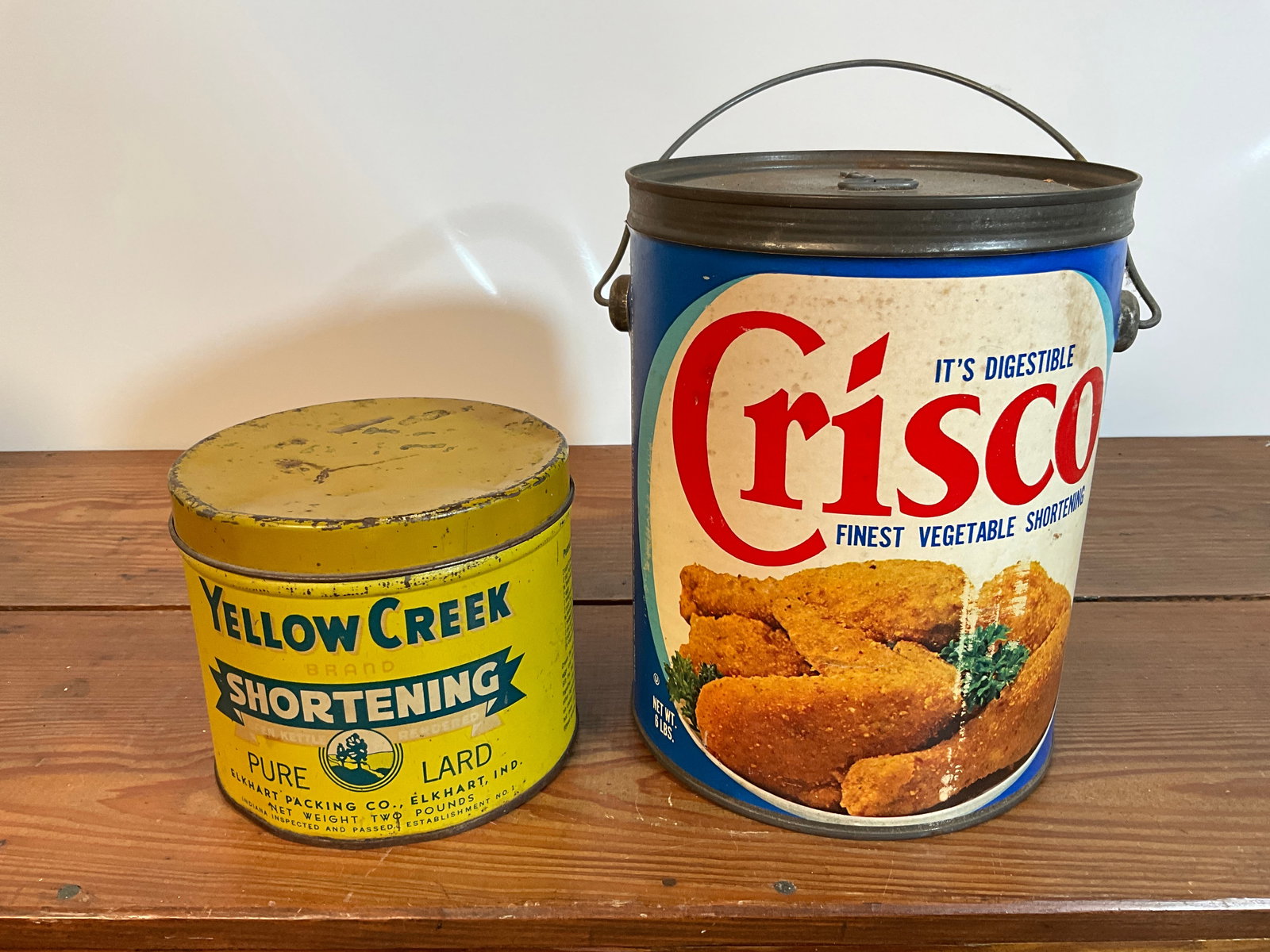 Lot of Two Vintage Shortening Tin Cans, UNOPENED Crisco with Key, Yellow Creek Shortening (1 of 5)