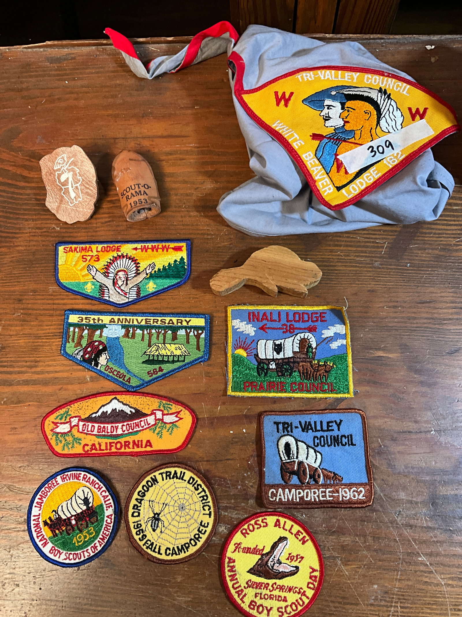 Lot of Miscellaneous Boy Scout Memorabilia, Patches, White Beaver Lodge Neckerchief, Slides, Carving (1 of 6)